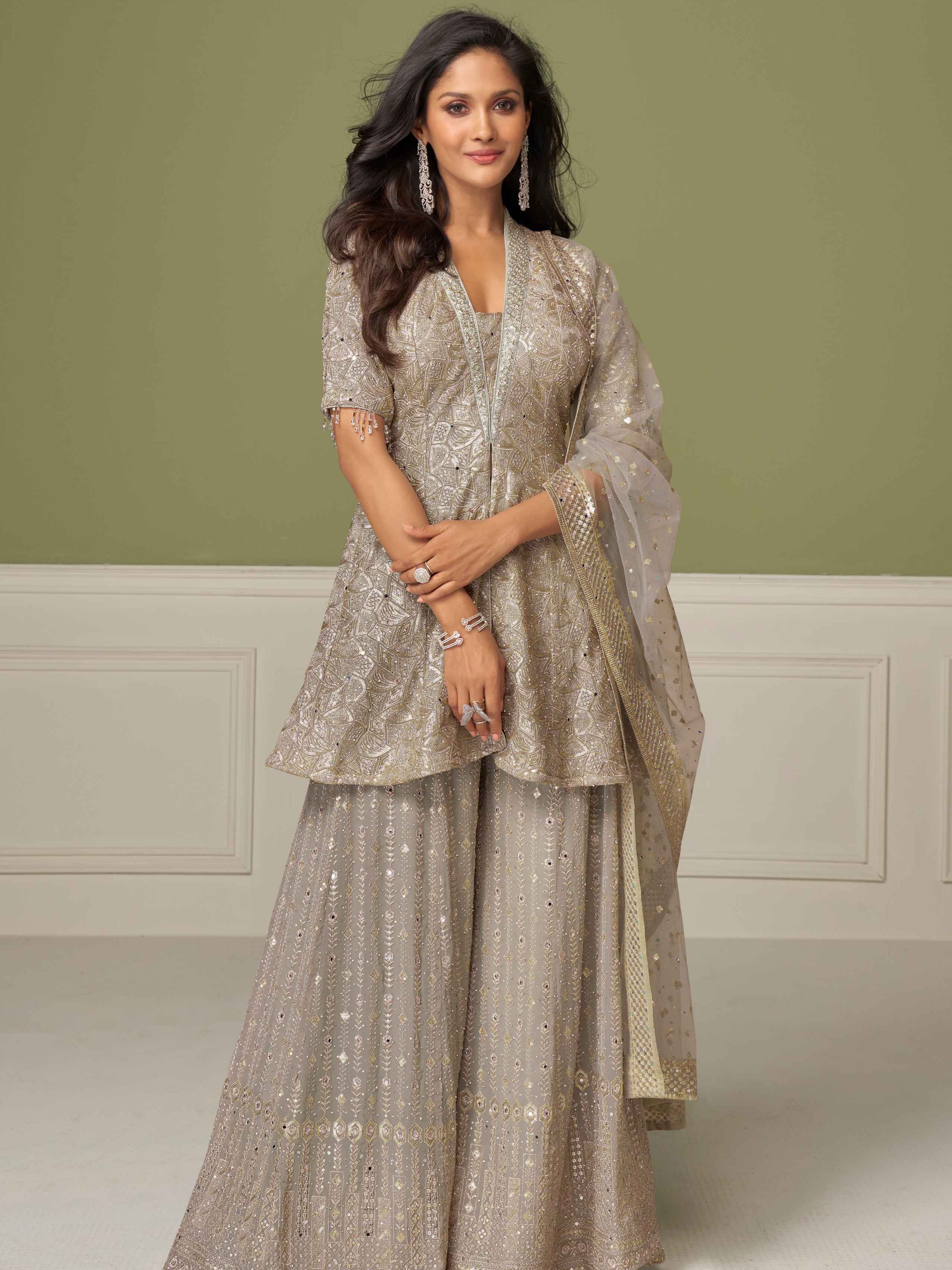 Silver Grey Real Georgette Hand Embroidered Kurti Palazzo Set
