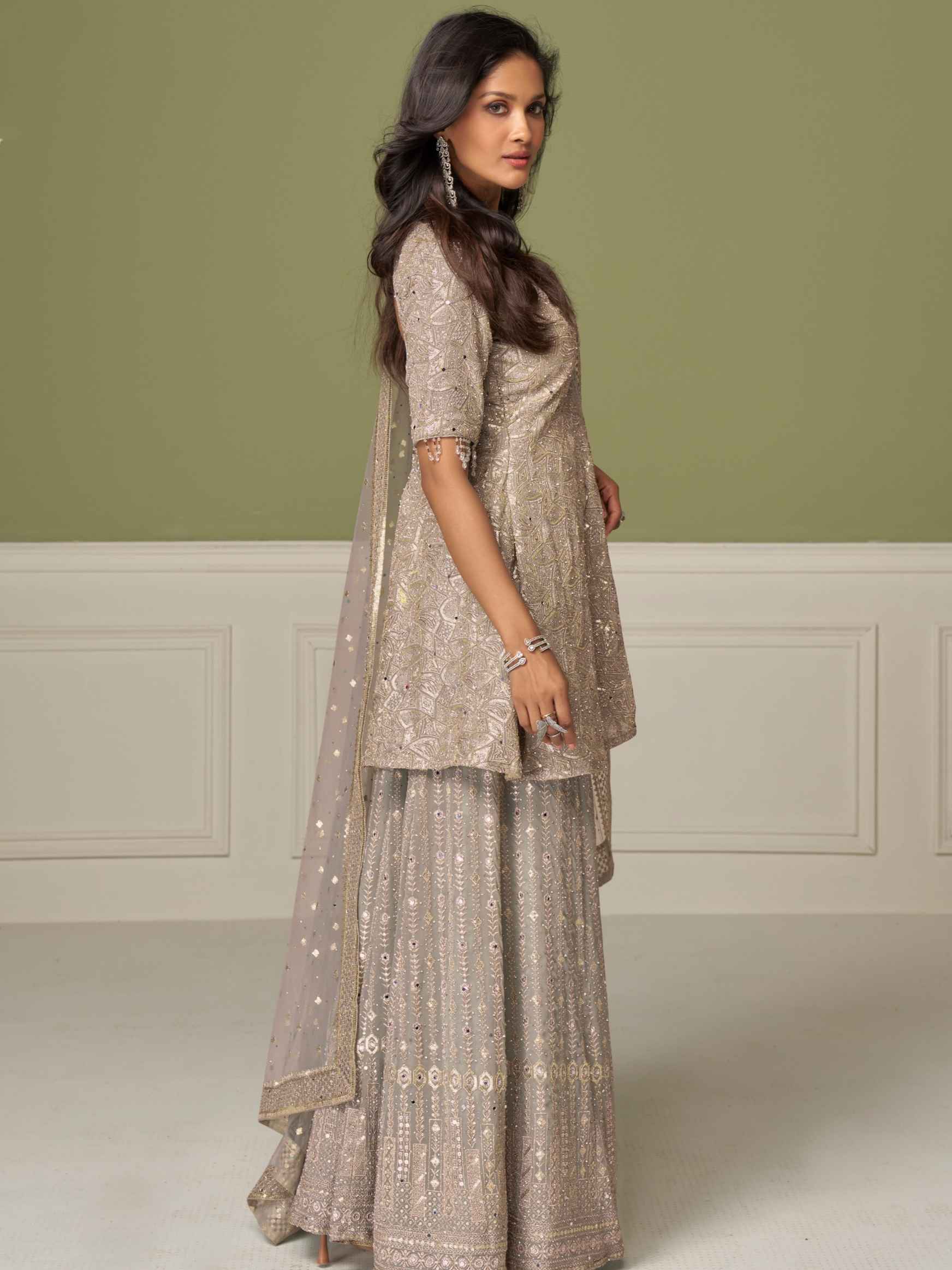 Silver Grey Real Georgette Hand Embroidered Kurti Palazzo Set