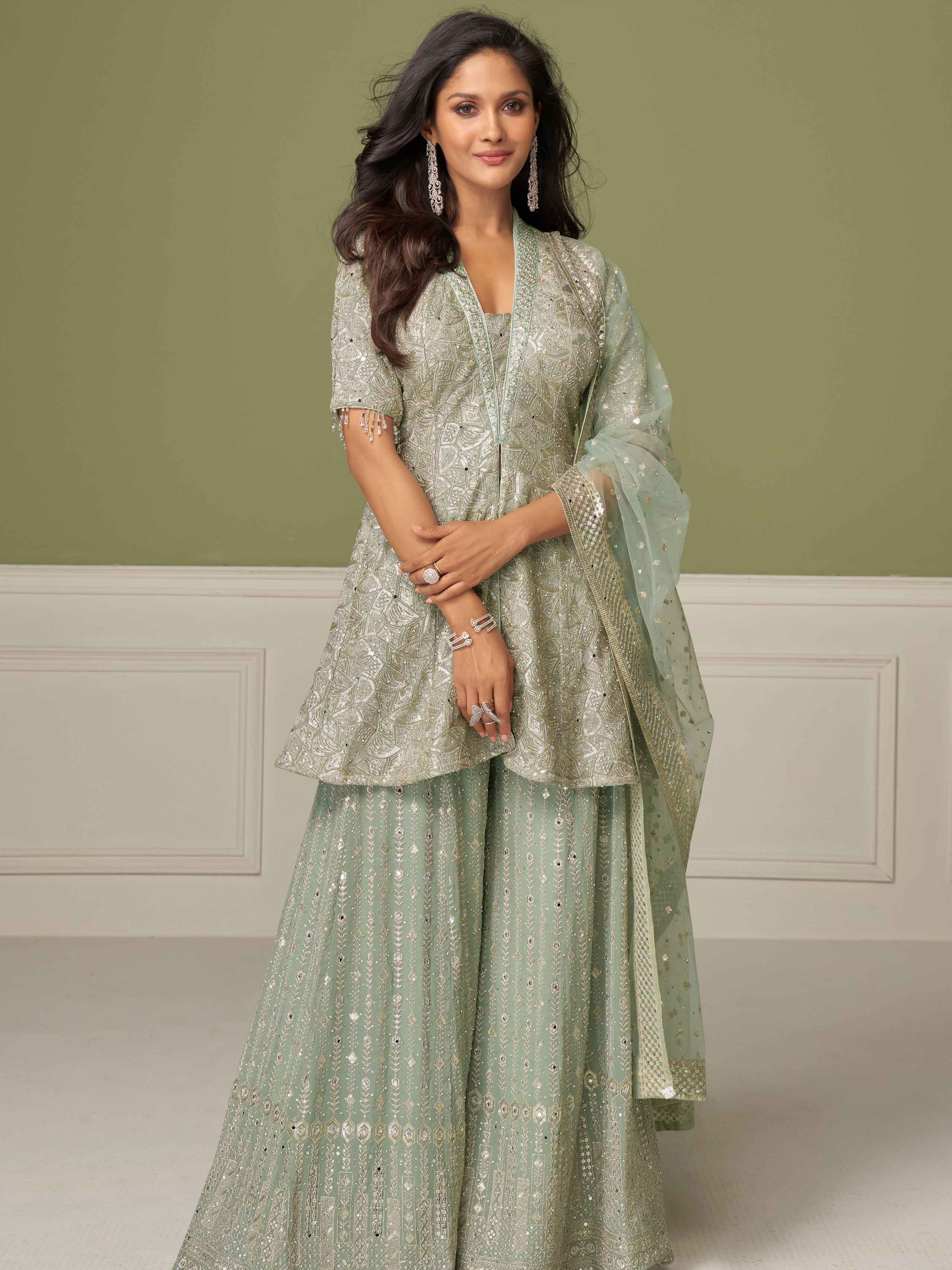 Mint Green Real Georgette Embroidered Palazzo Suit Set