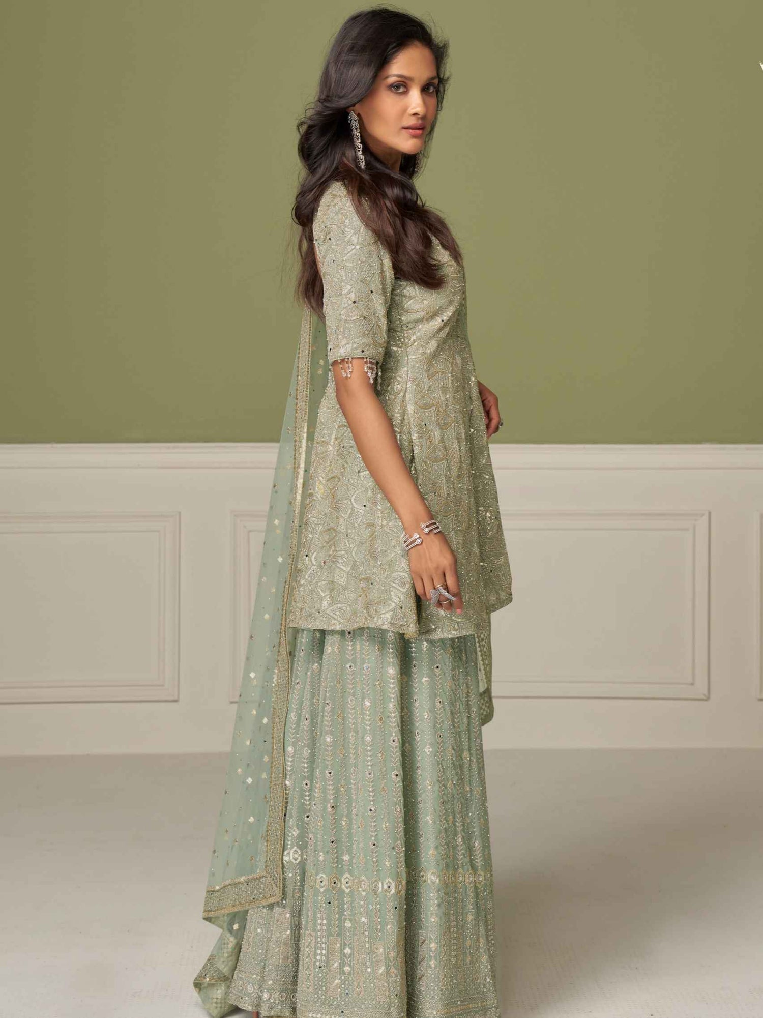 Mint Green Real Georgette Embroidered Palazzo Suit Set