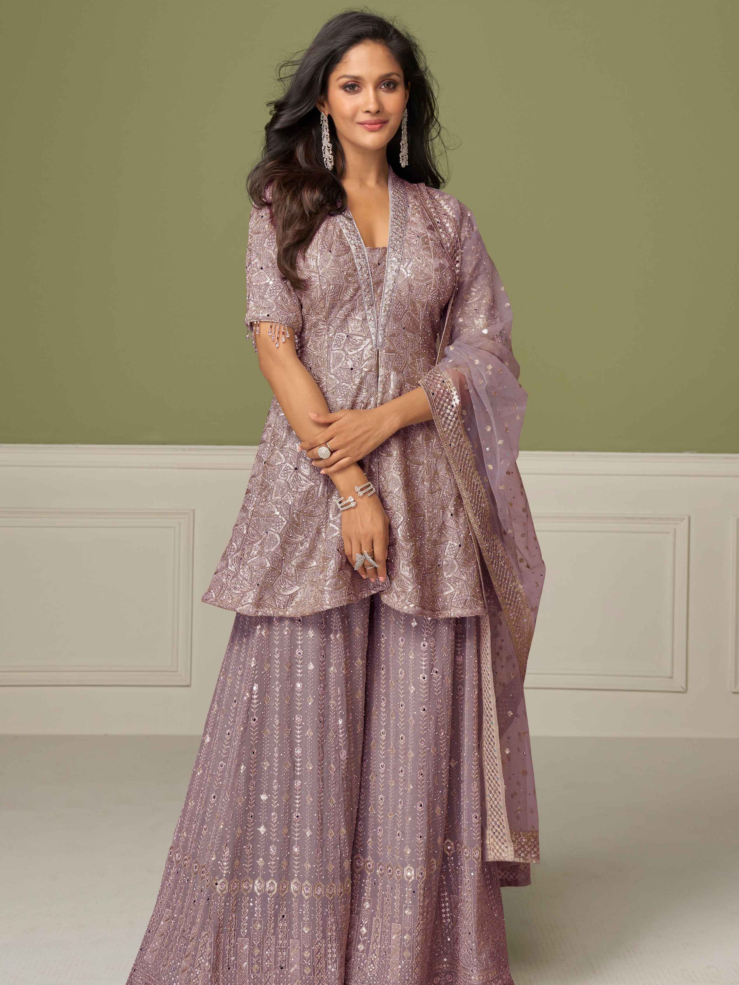 Lavender Mauve Real Georgette Designer Palazzo Suit