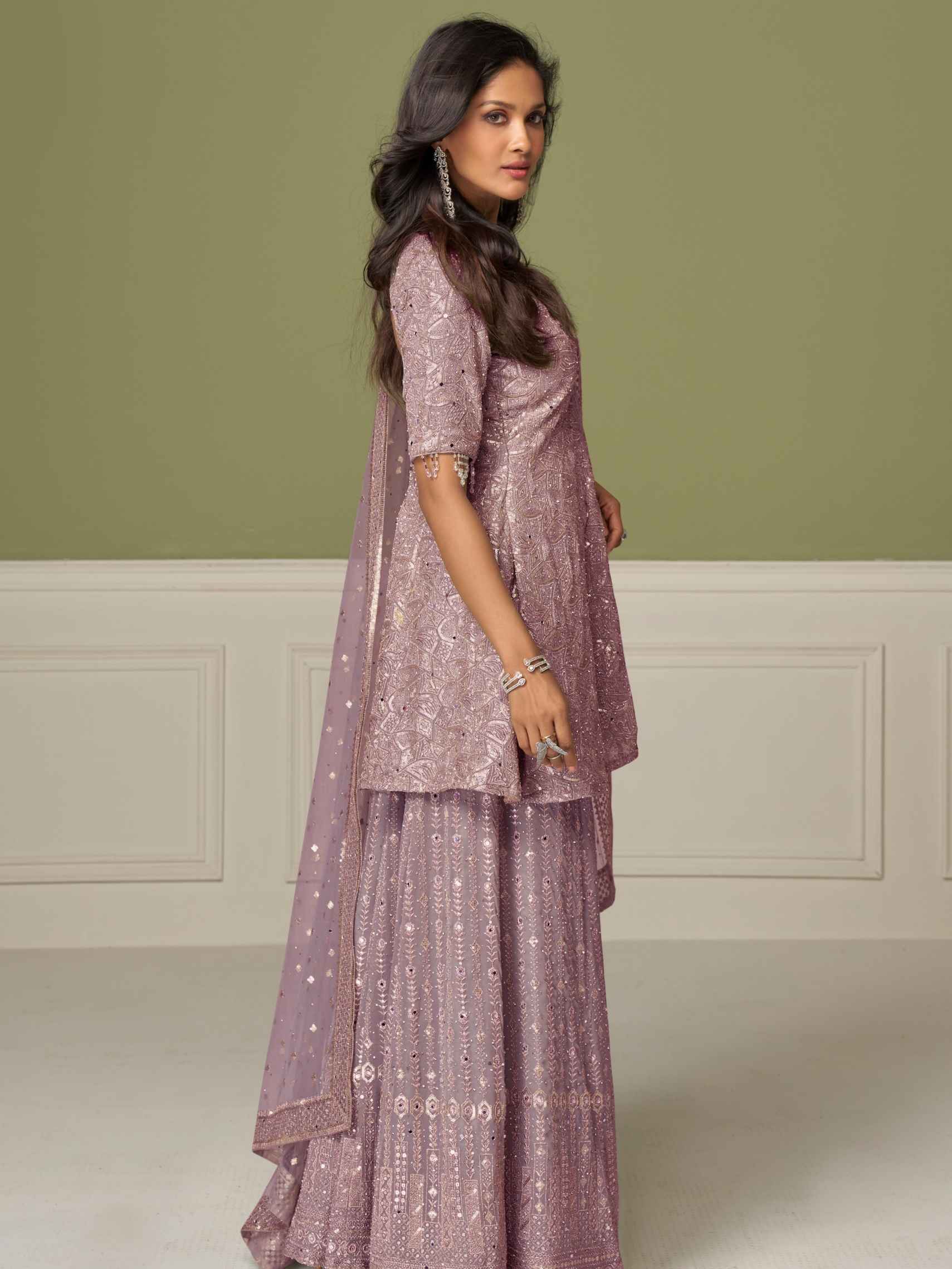 Lavender Mauve Real Georgette Designer Palazzo Suit