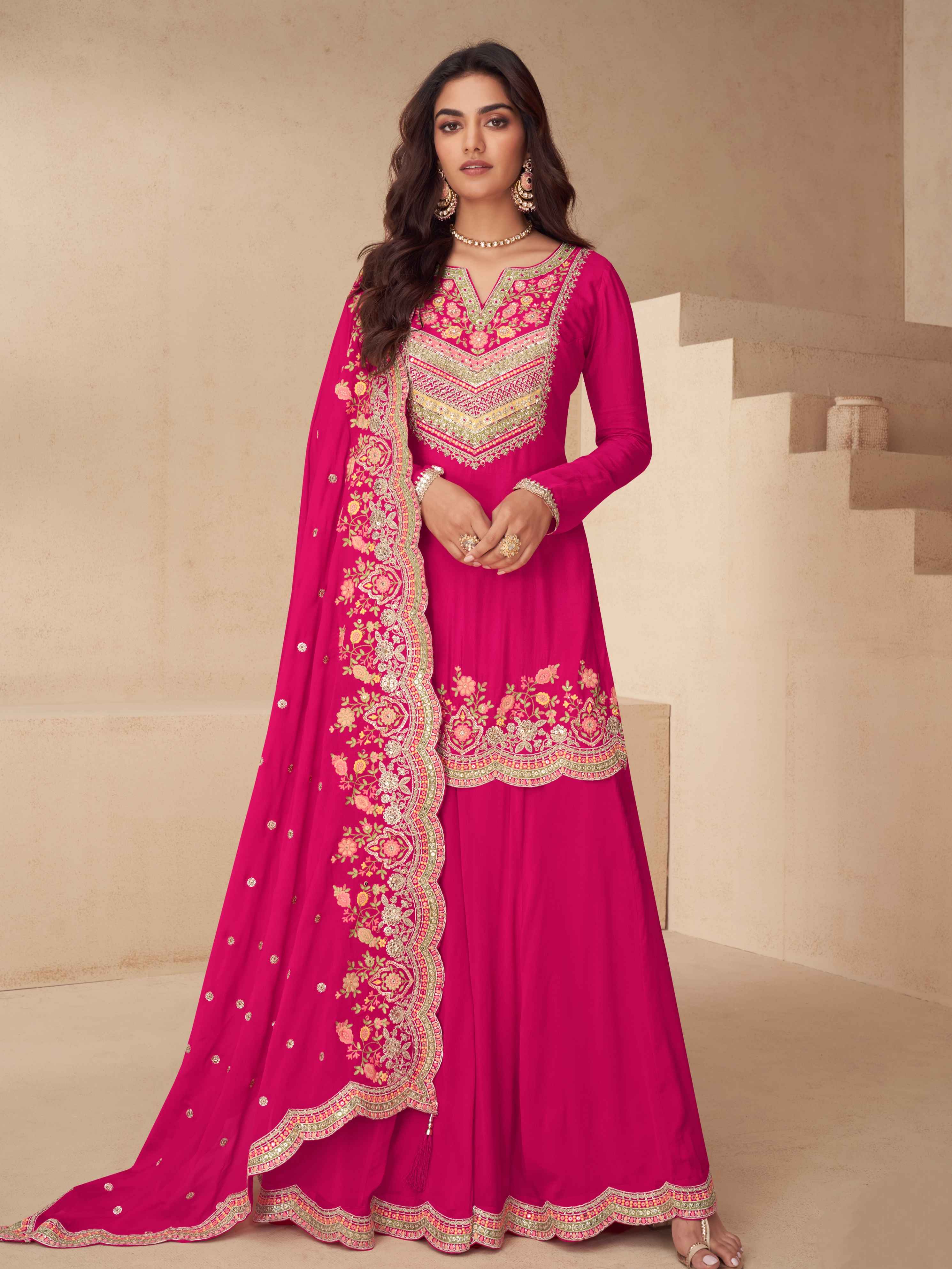Rani Pink Chinon Embroidered Palazzo Suit with Dupatta