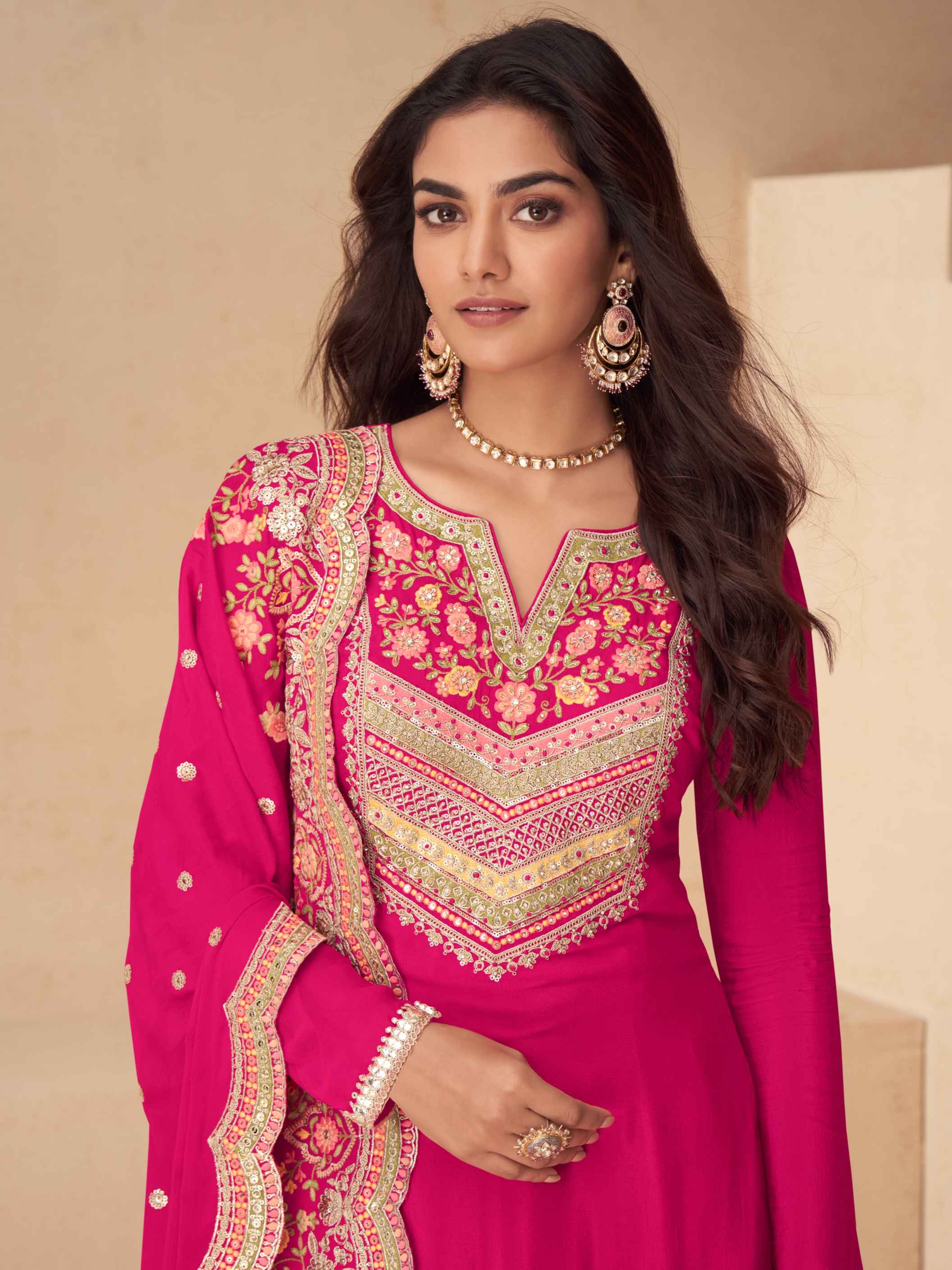 Rani Pink Chinon Embroidered Palazzo Suit with Dupatta