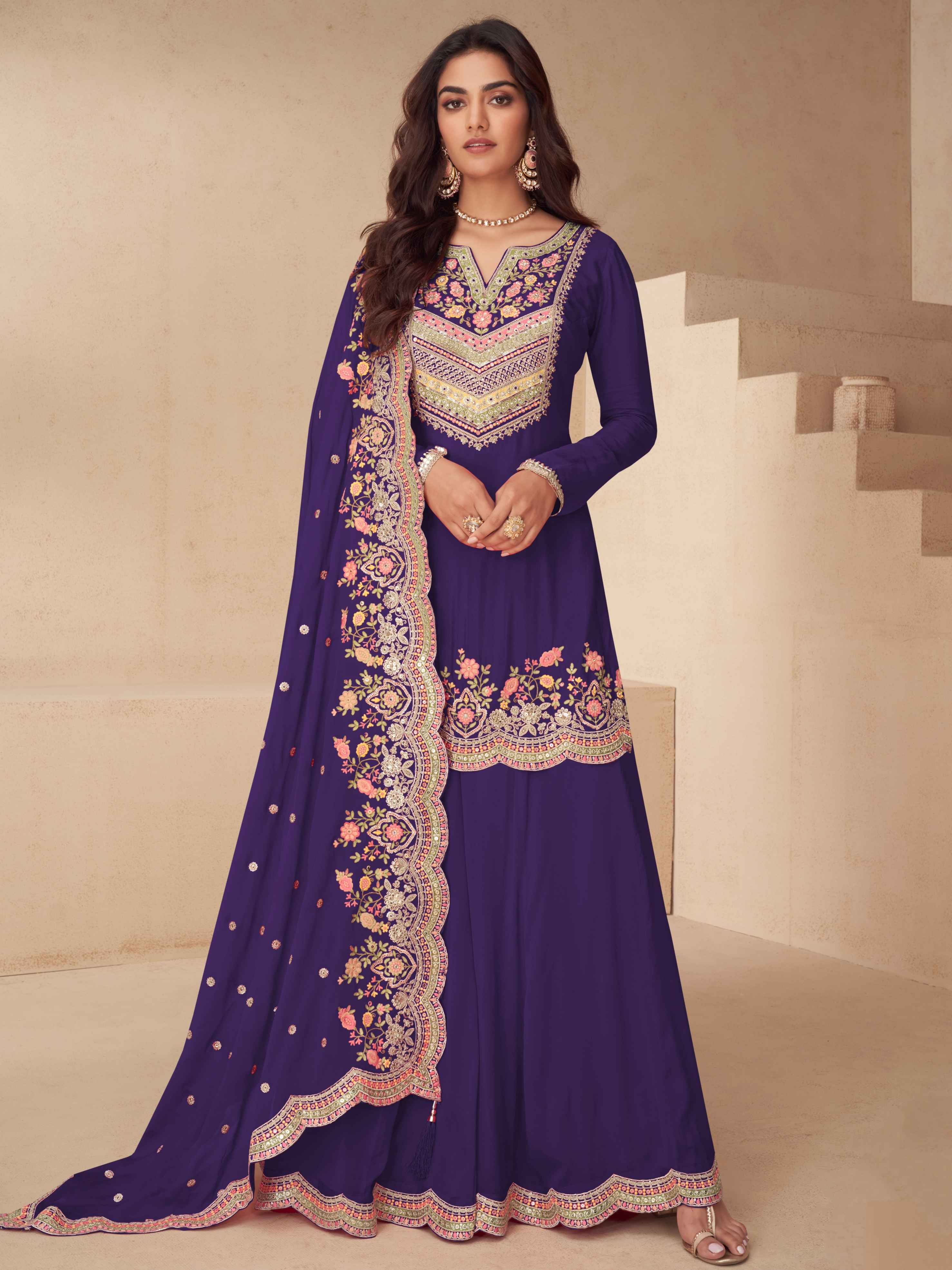 Royal Purple Chinon Embroidered Kurta Palazzo Set with Dupatta