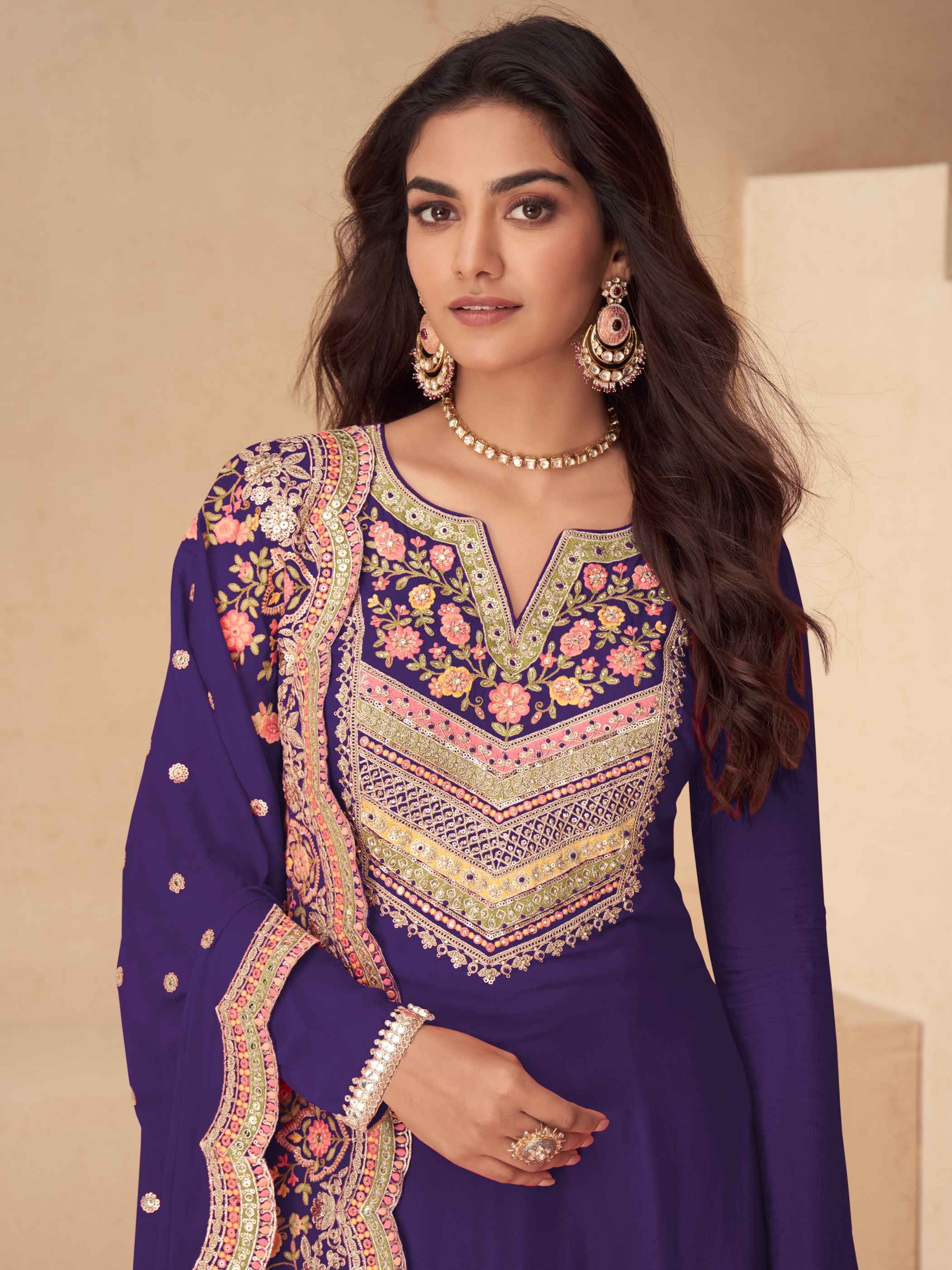 Royal Purple Chinon Embroidered Kurta Palazzo Set with Dupatta