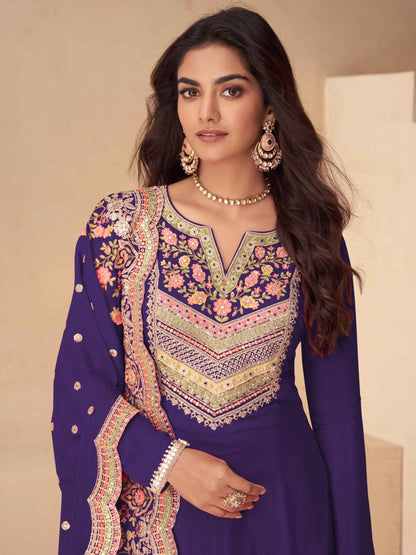 Royal Purple Chinon Embroidered Kurta Palazzo Set with Dupatta