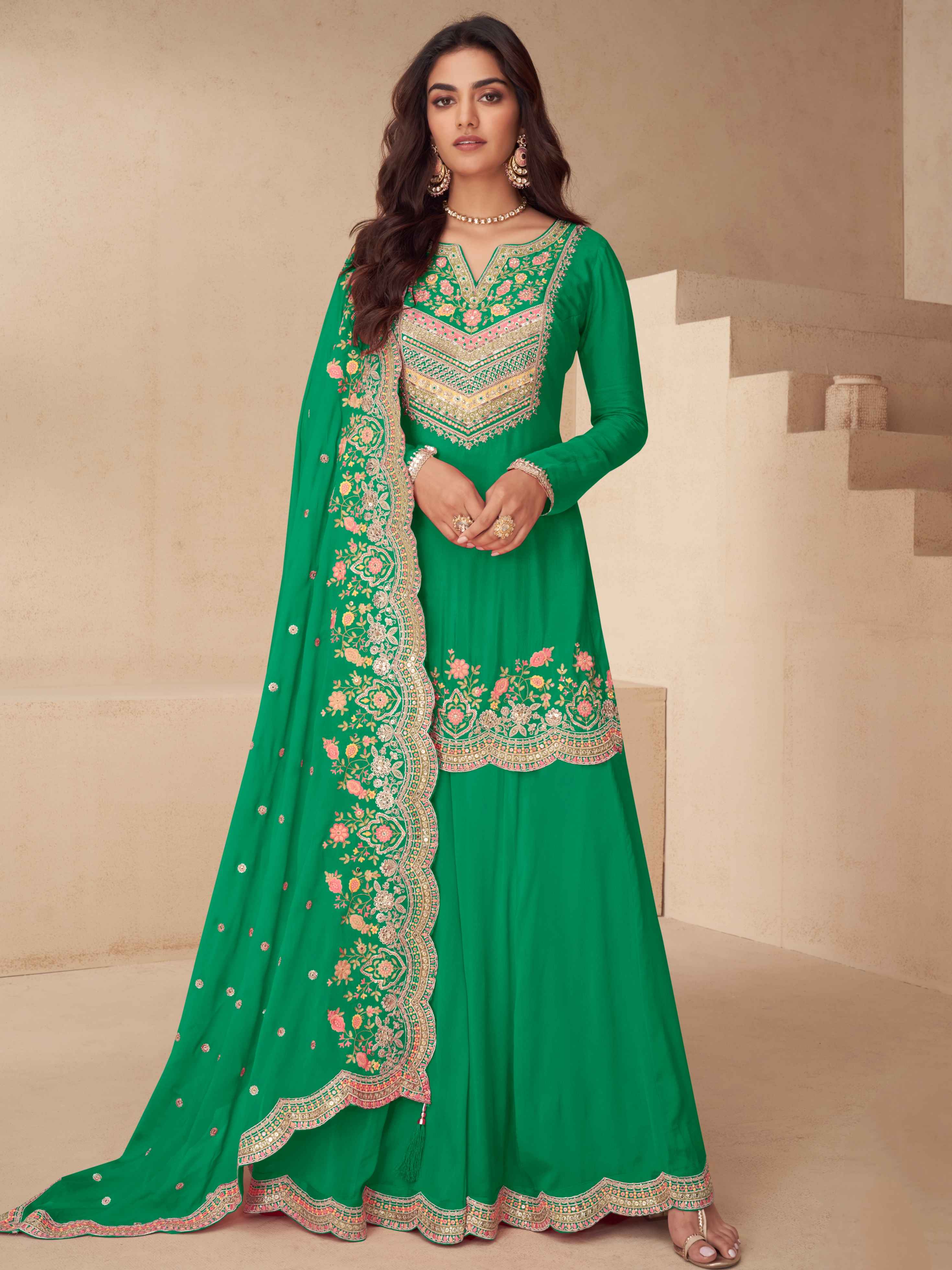 Emerald Green Chinon Embroidered Palazzo Suit Set with Dupatta