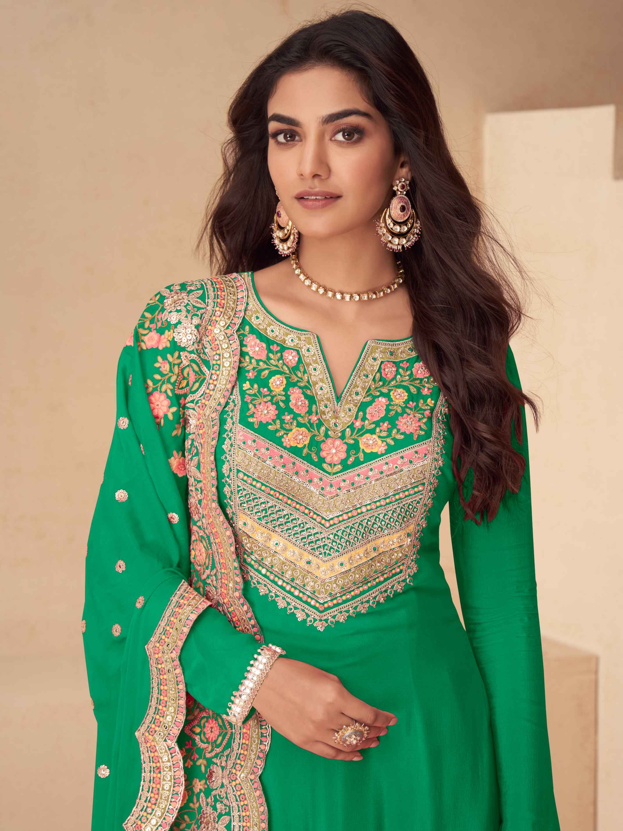 Emerald Green Chinon Embroidered Palazzo Suit Set with Dupatta
