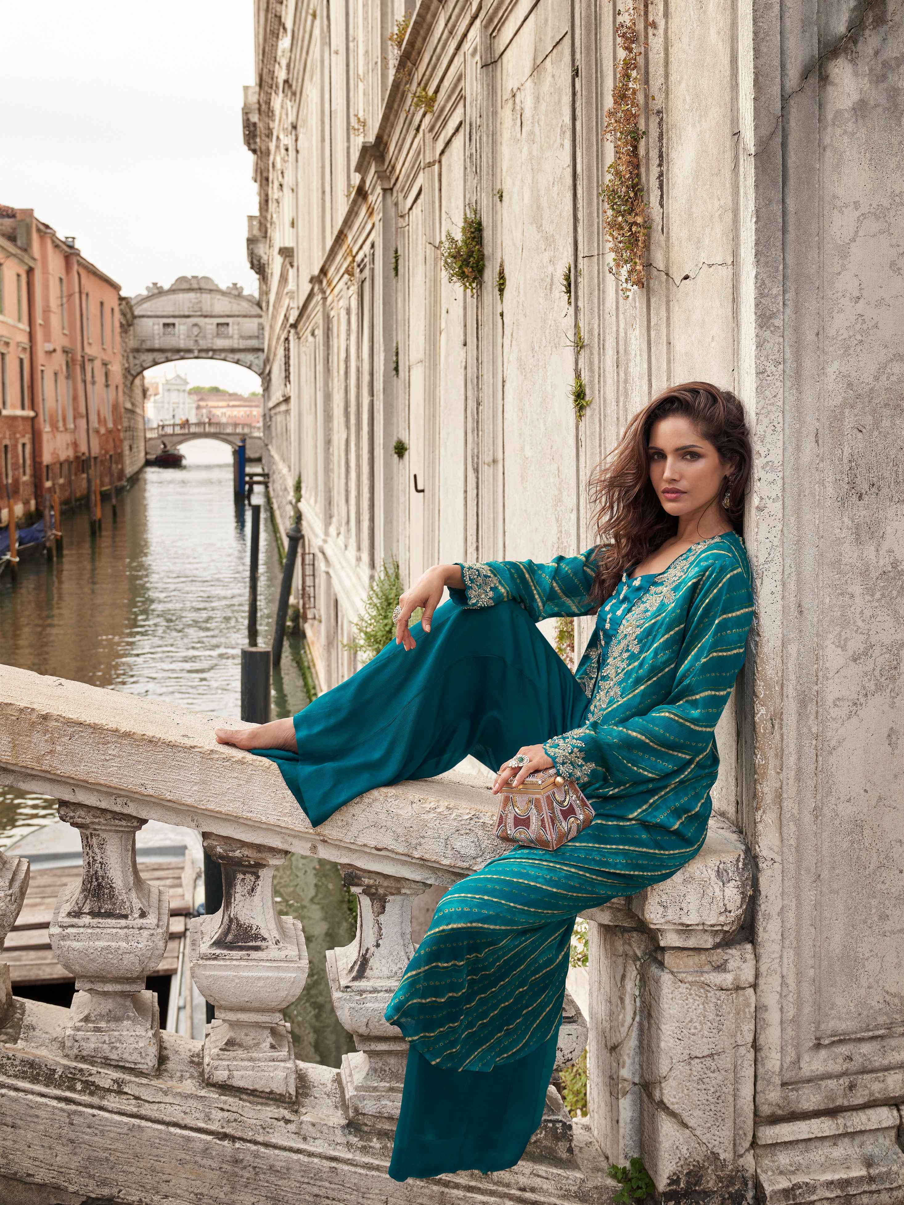 Teal Green Chinon Silk Embroidered Palazzo Set with Mirror Work Shrug