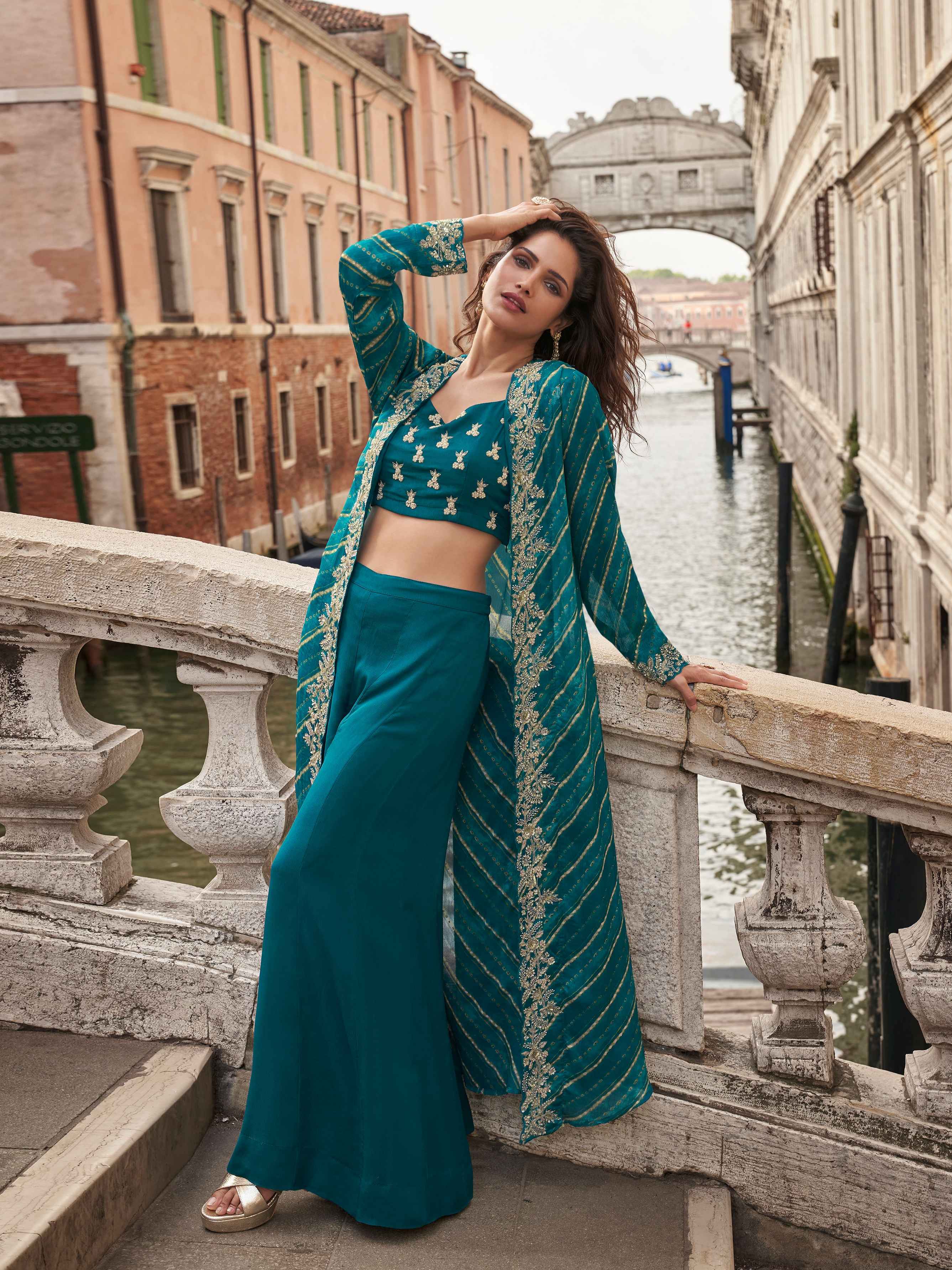 Teal Green Chinon Silk Embroidered Palazzo Set with Mirror Work Shrug