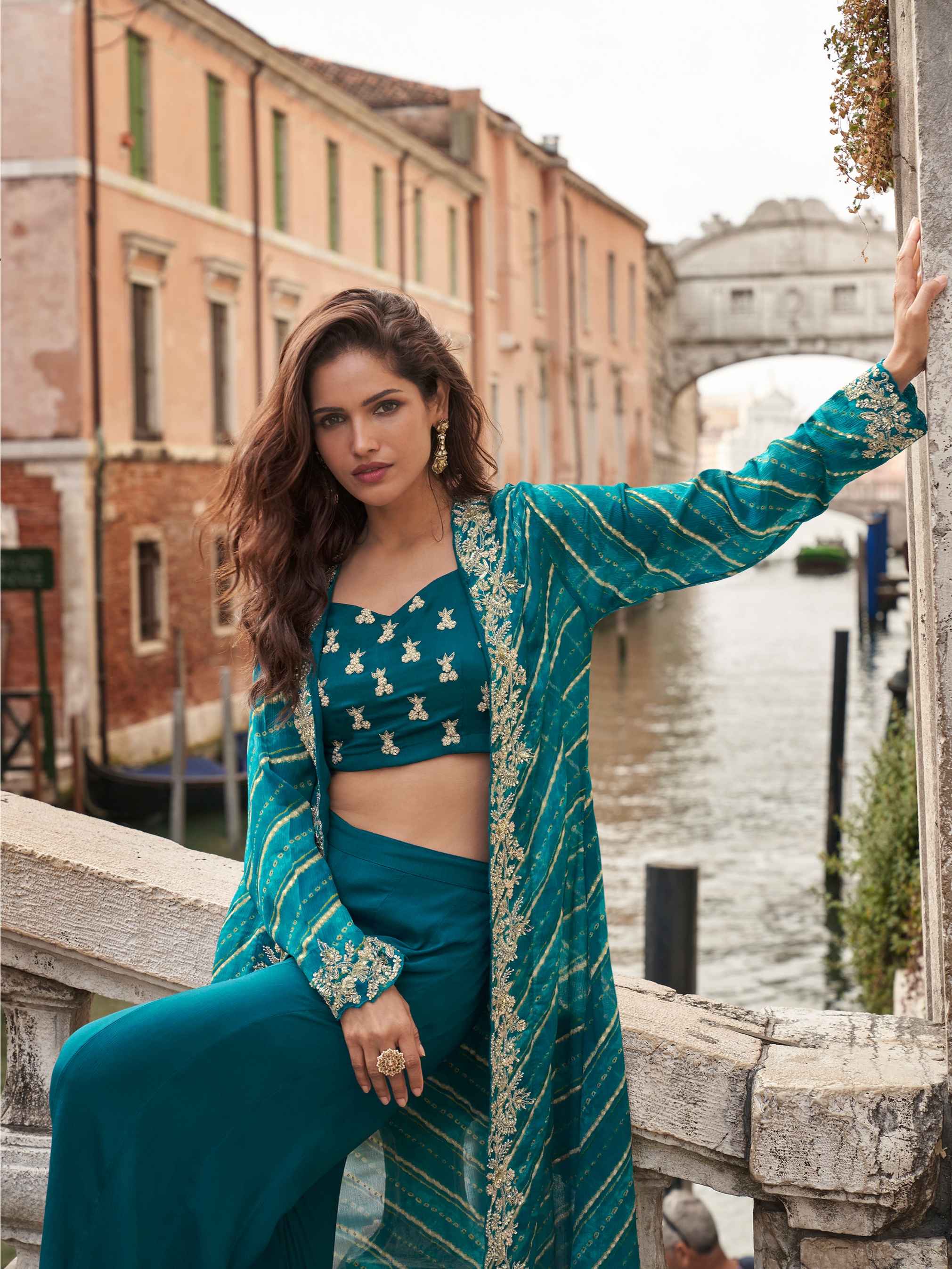 Teal Green Chinon Silk Embroidered Palazzo Set with Mirror Work Shrug