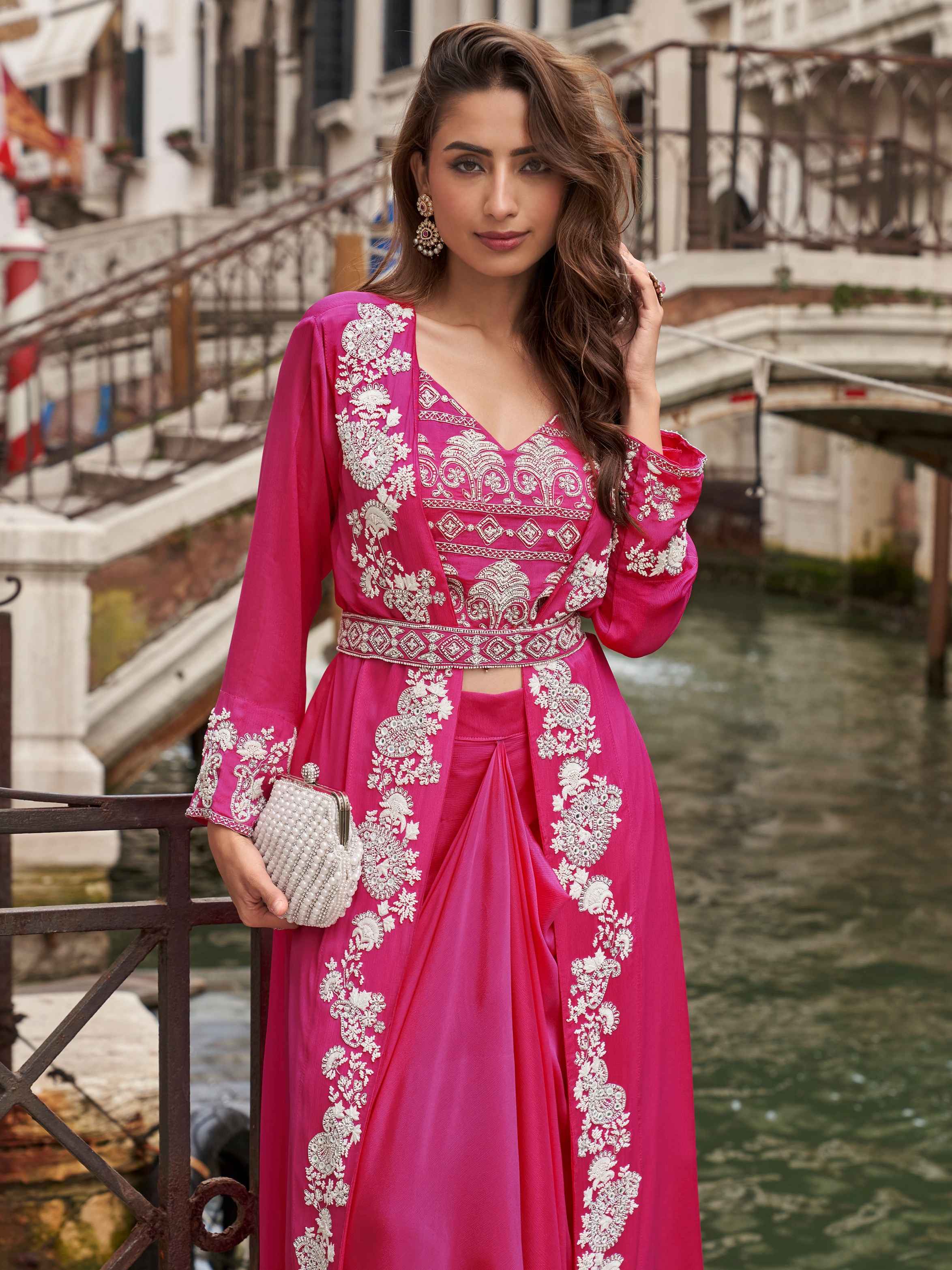 Rani Pink Silk Mirror Work Palazzo Set with Embroidered Jacket