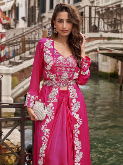 Rani Pink Silk Mirror Work Palazzo Set with Embroidered Jacket