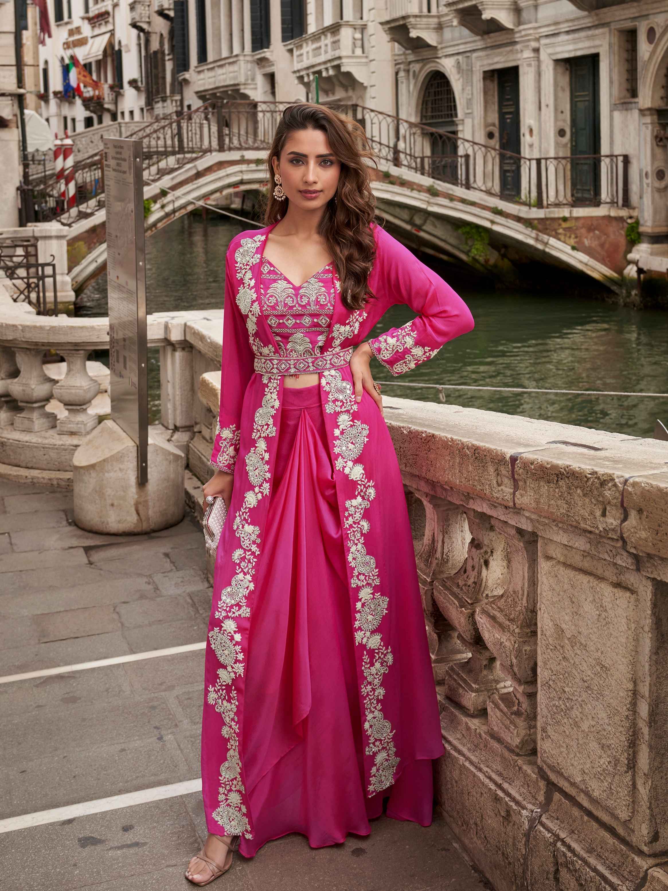 Rani Pink Silk Mirror Work Palazzo Set with Embroidered Jacket