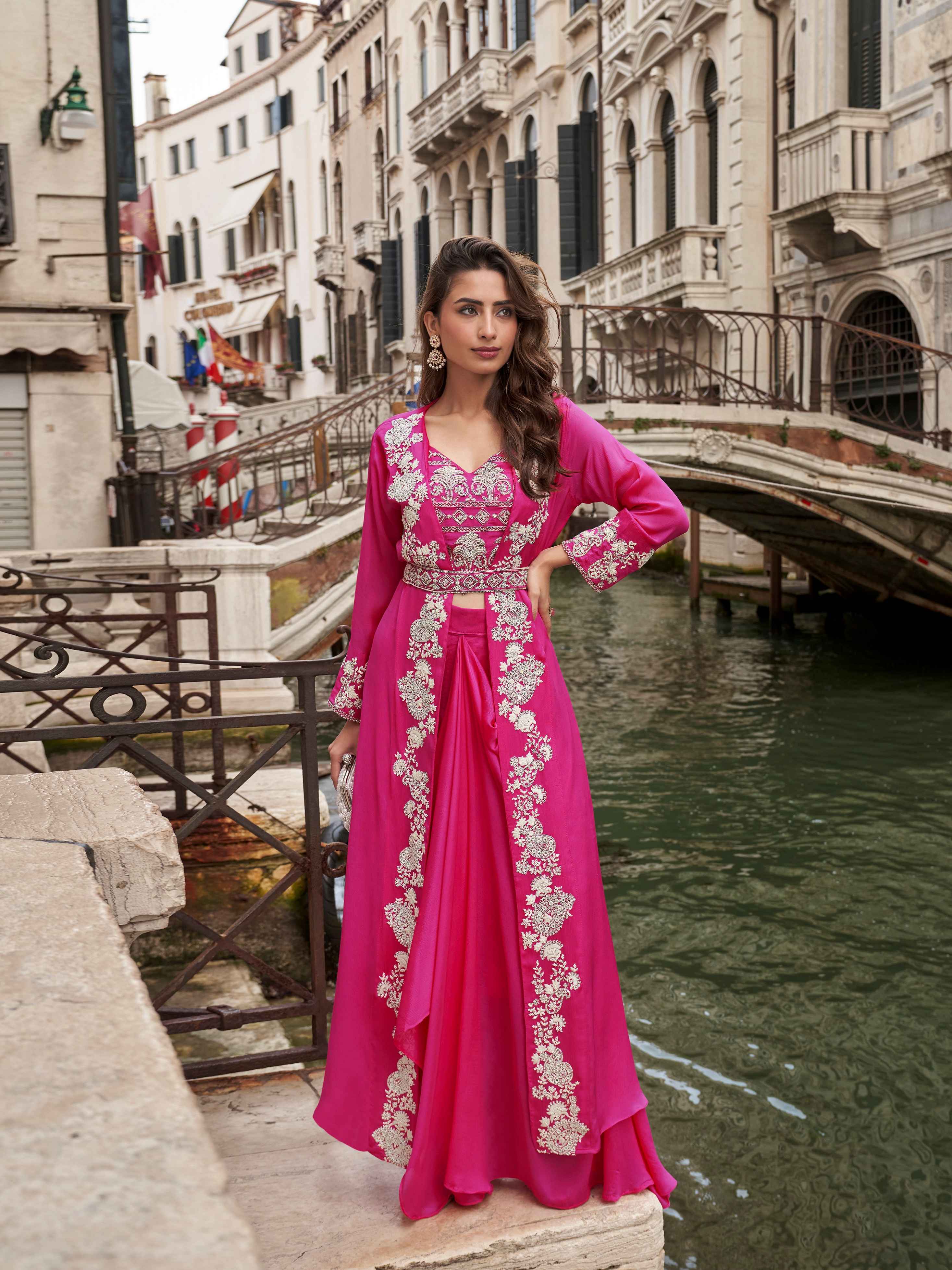 Rani Pink Silk Mirror Work Palazzo Set with Embroidered Jacket