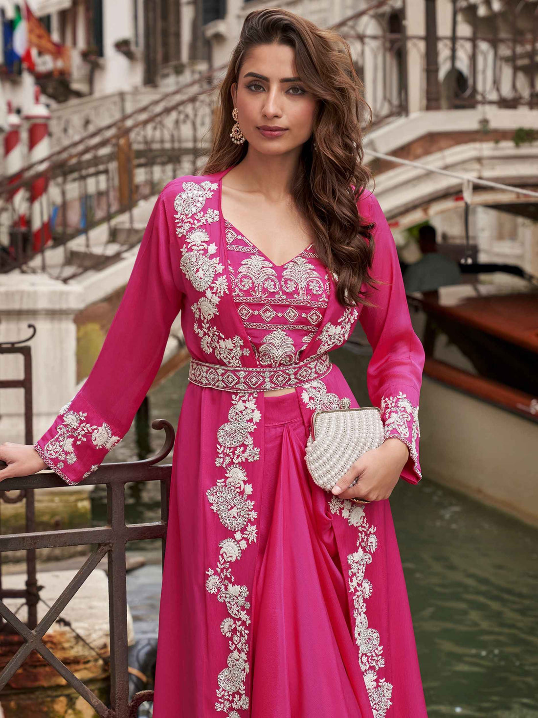 Rani Pink Silk Mirror Work Palazzo Set with Embroidered Jacket
