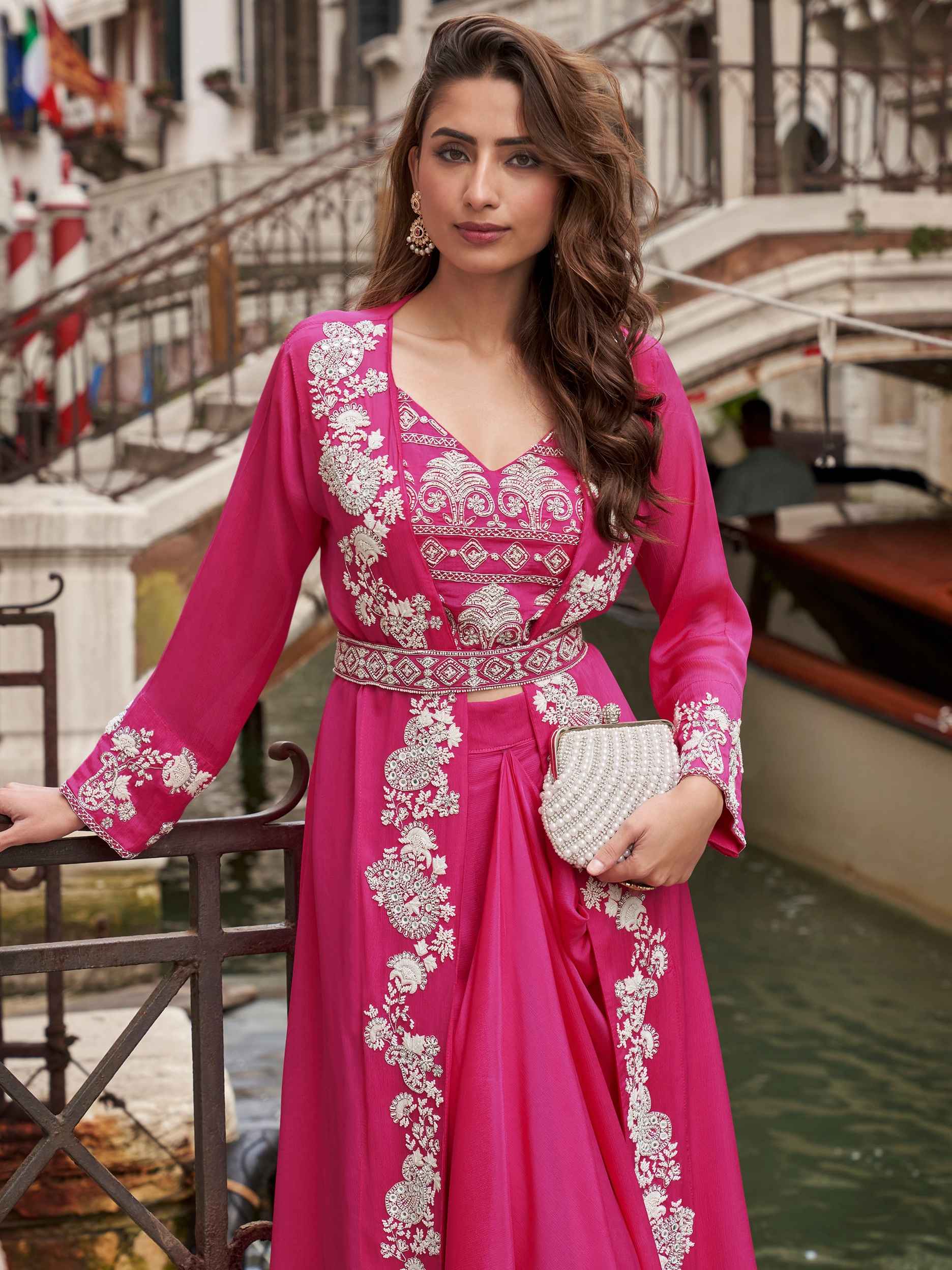 Rani Pink Silk Mirror Work Palazzo Set with Embroidered Jacket