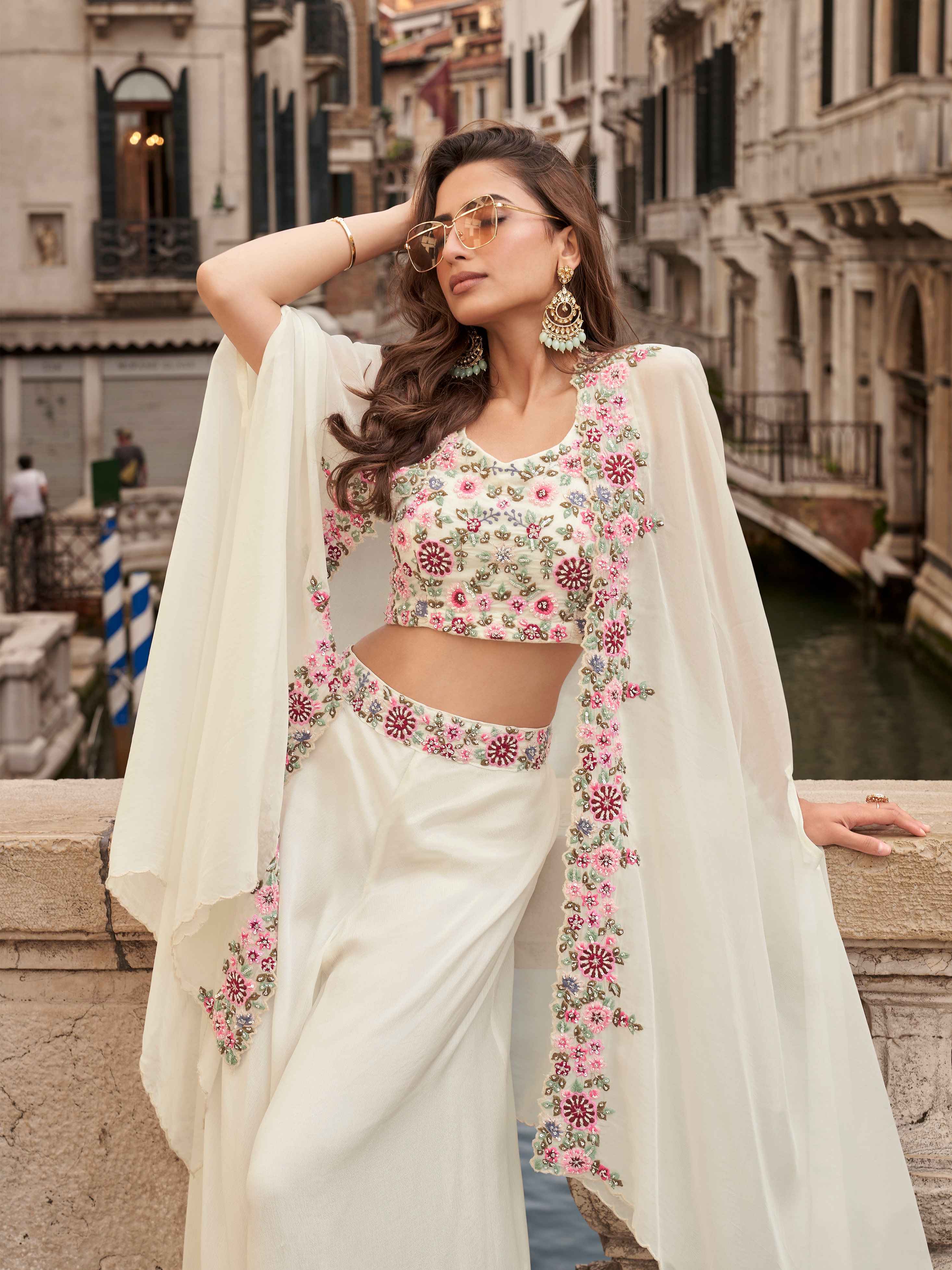 Ivory Cream Chinon Silk Palazzo Set with Floral Embroidered Shrug