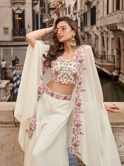 Ivory Cream Chinon Silk Palazzo Set with Floral Embroidered Shrug