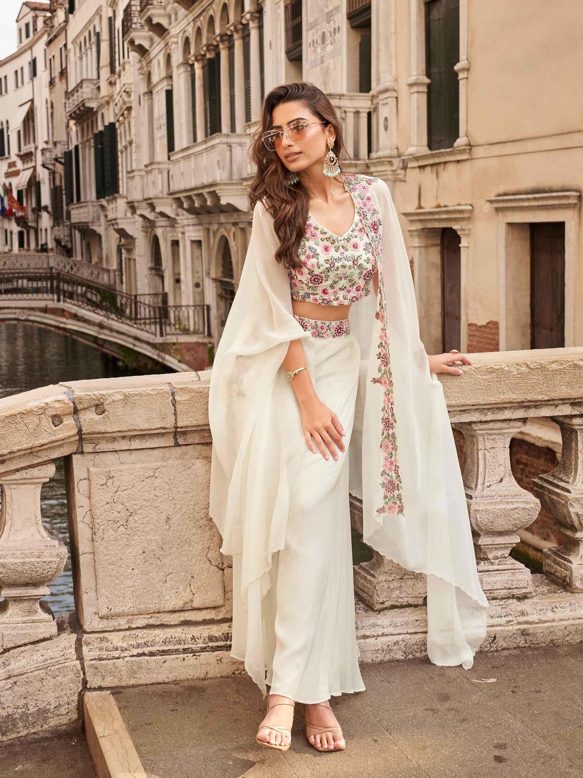 Ivory Cream Chinon Silk Palazzo Set with Floral Embroidered Shrug