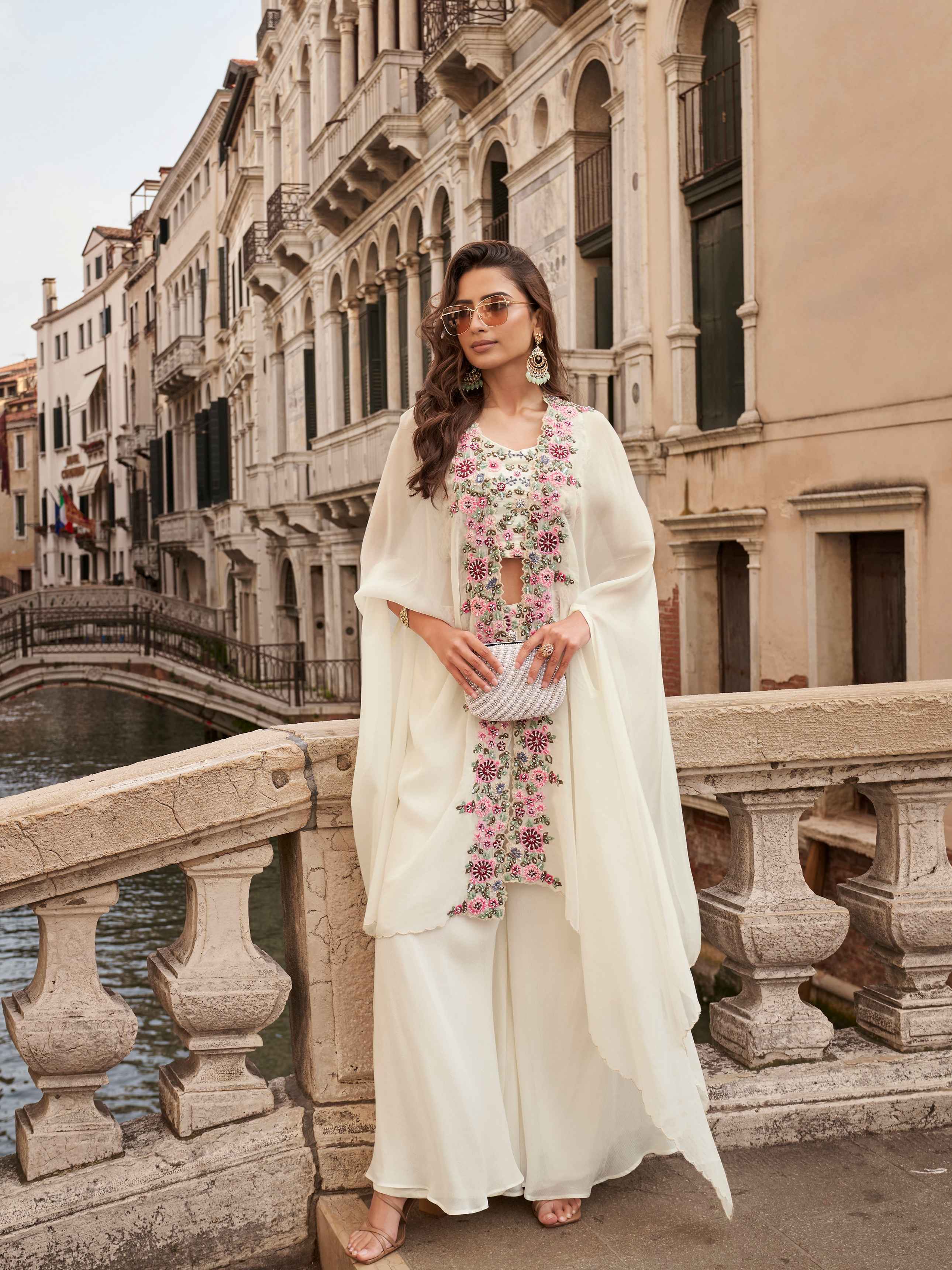 Ivory Cream Chinon Silk Palazzo Set with Floral Embroidered Shrug