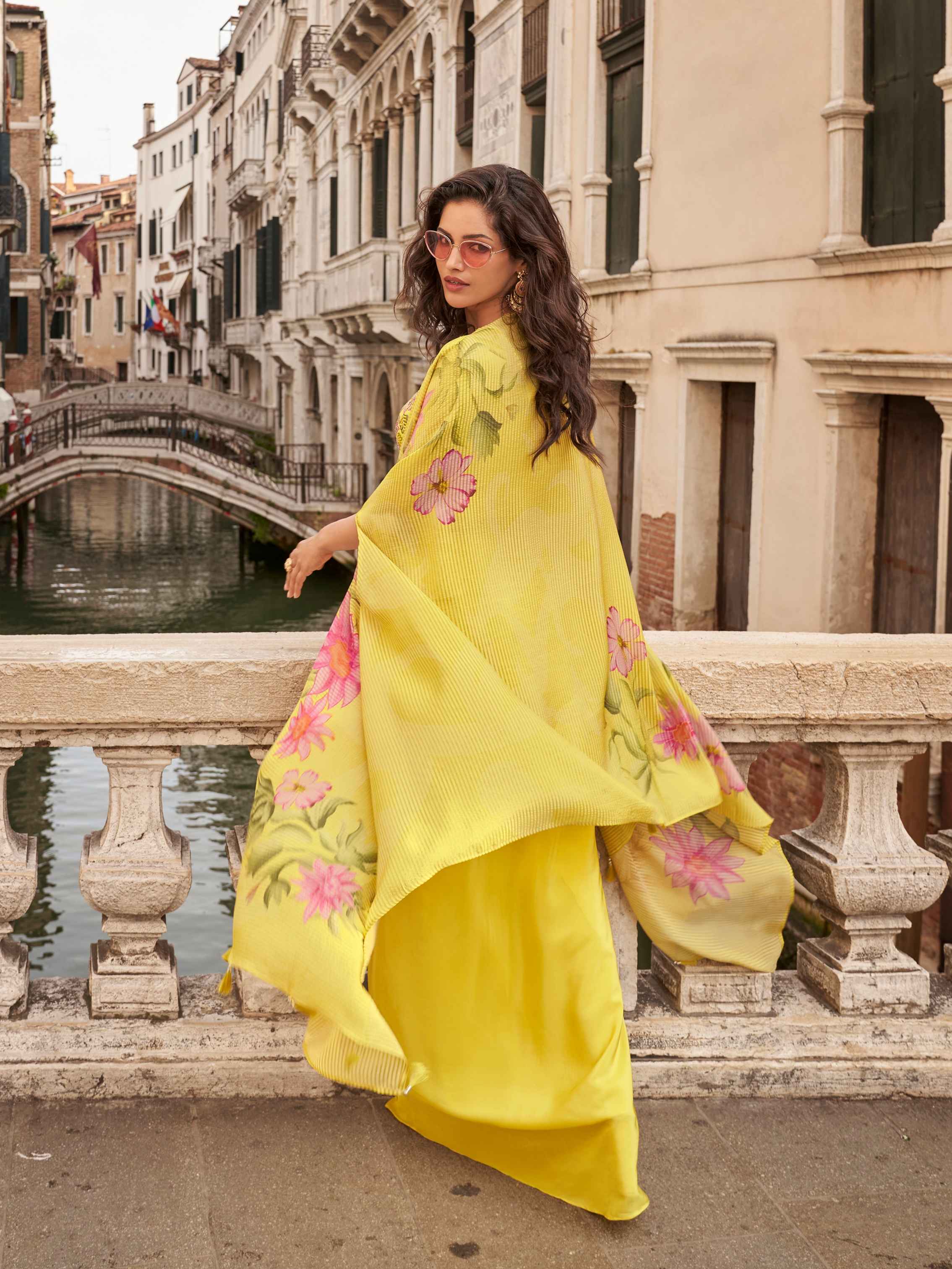 Yellow Chinon Silk Floral Palazzo Set with Designer Shrug