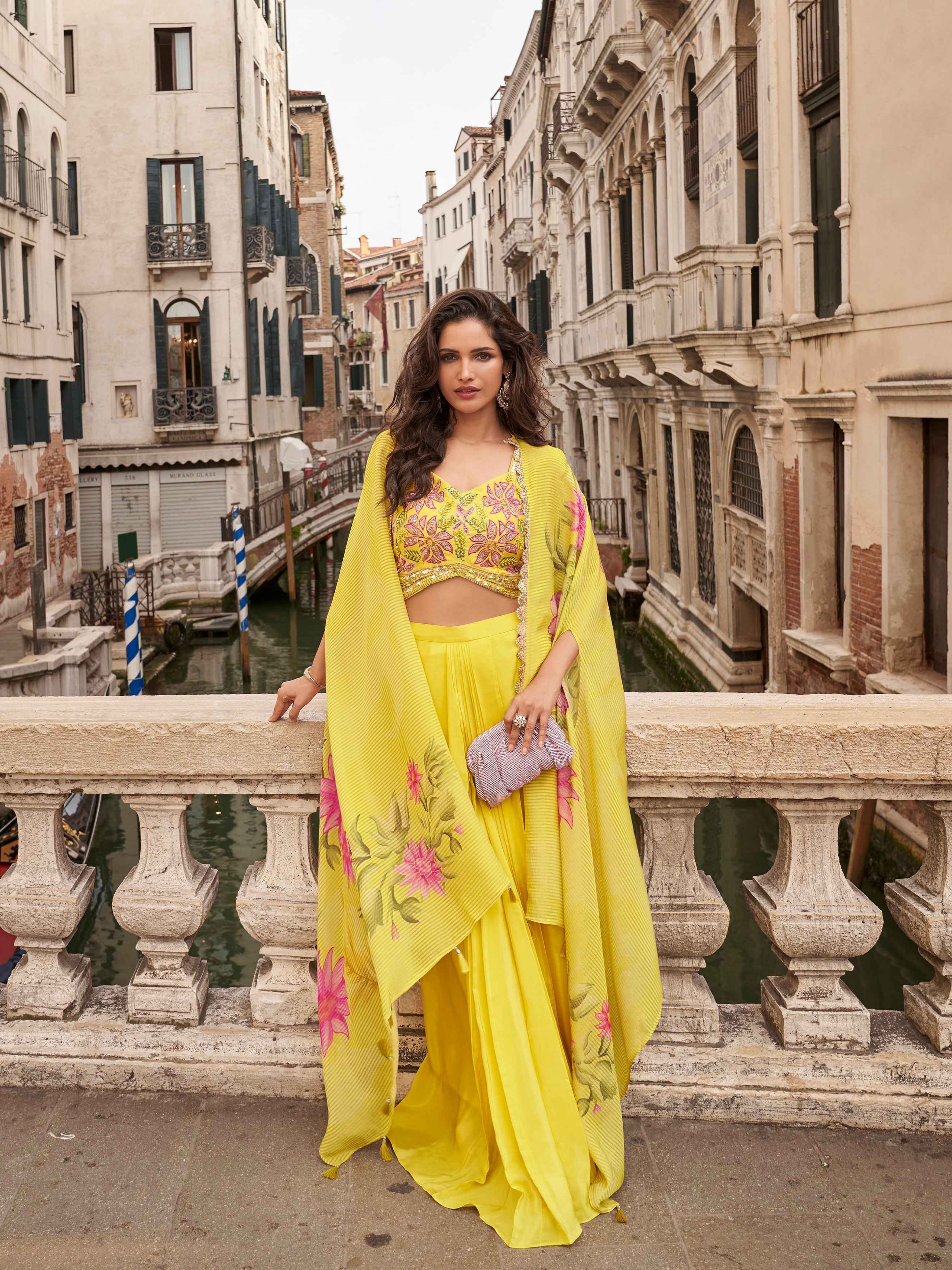 Yellow Chinon Silk Floral Palazzo Set with Designer Shrug