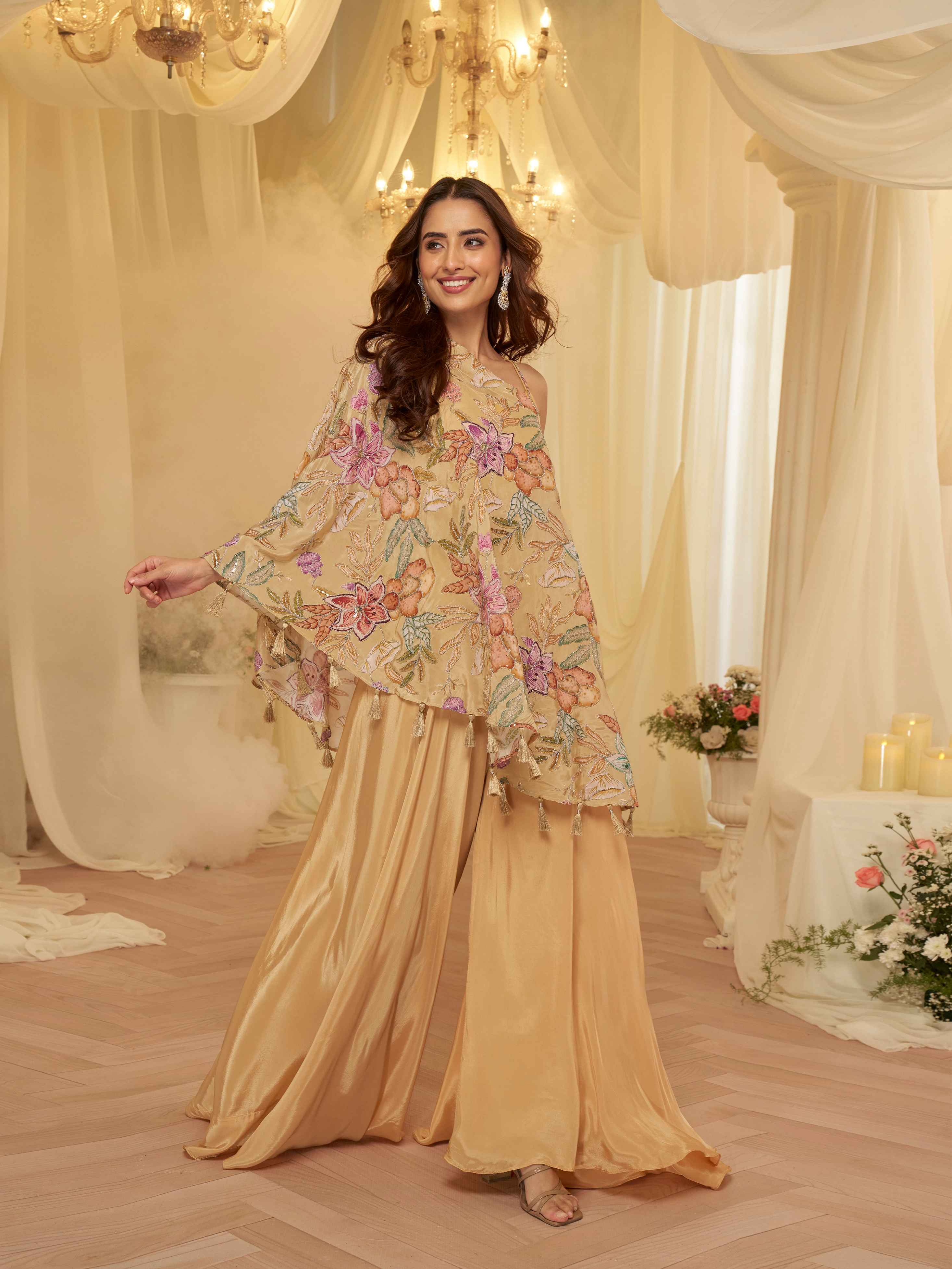 Beige Floral Embroidered Kaftan Palazzo Set in Premium Viscose Crepe