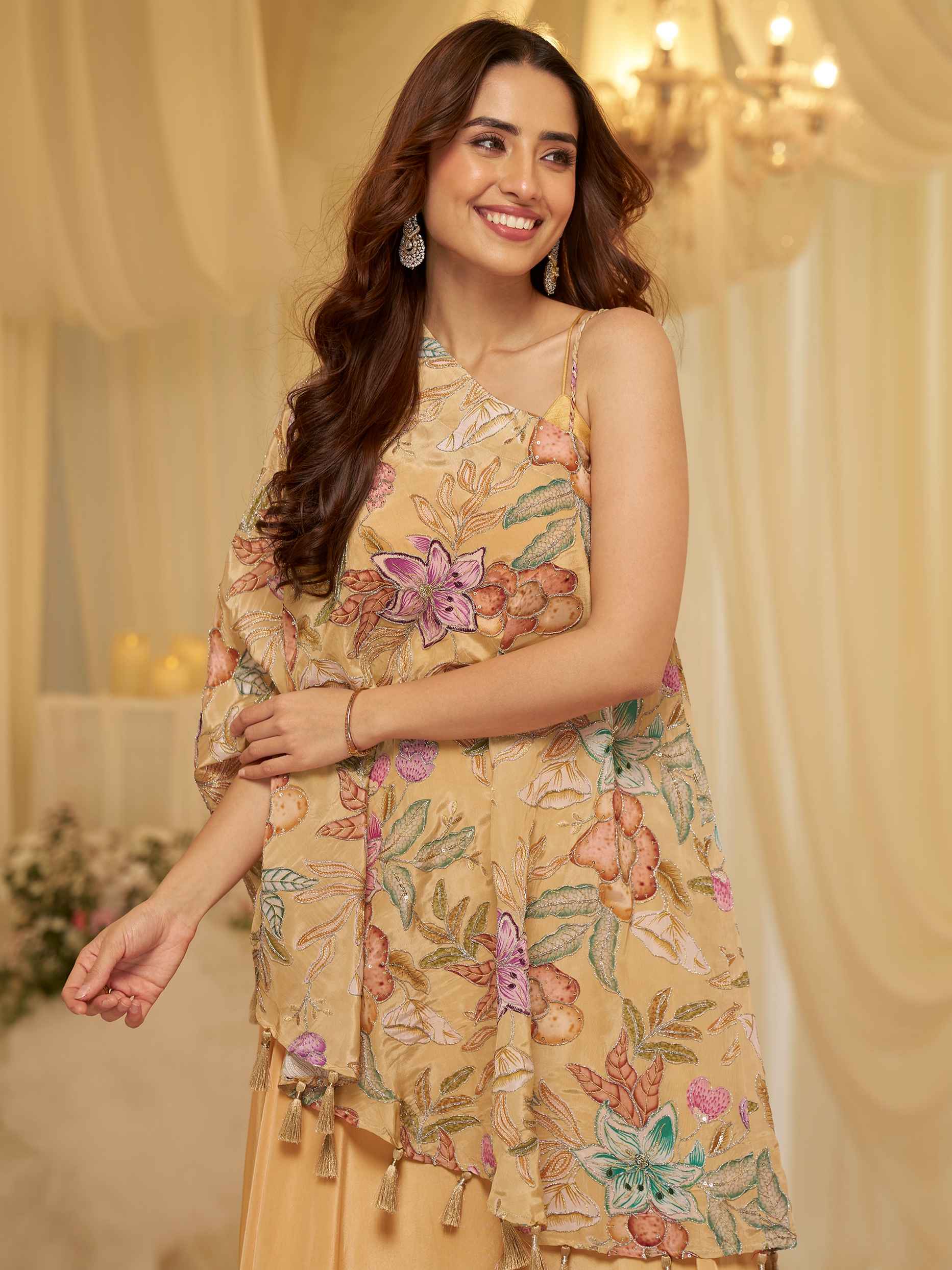 Beige Floral Embroidered Kaftan Palazzo Set in Premium Viscose Crepe