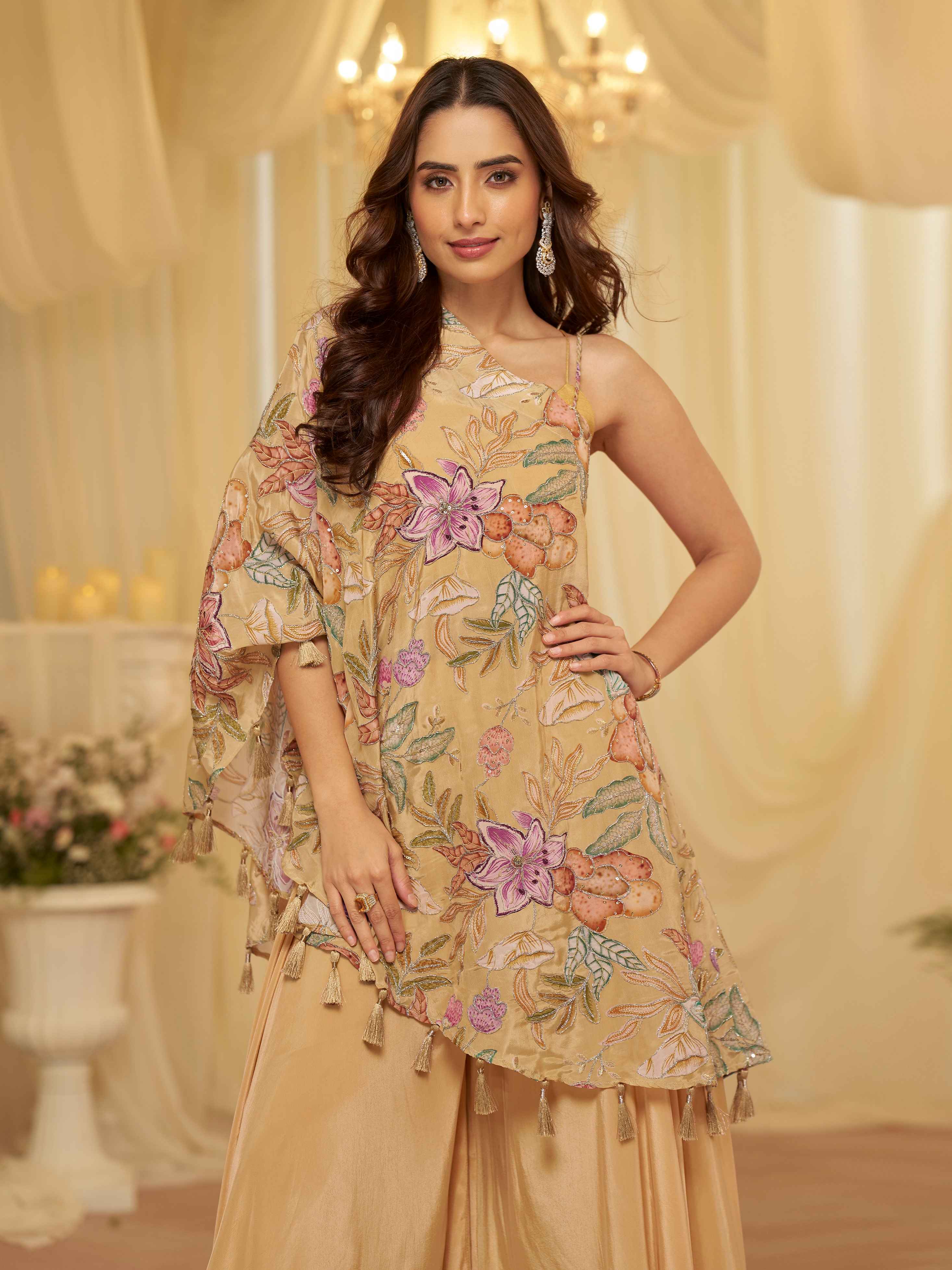 Beige Floral Embroidered Kaftan Palazzo Set in Premium Viscose Crepe
