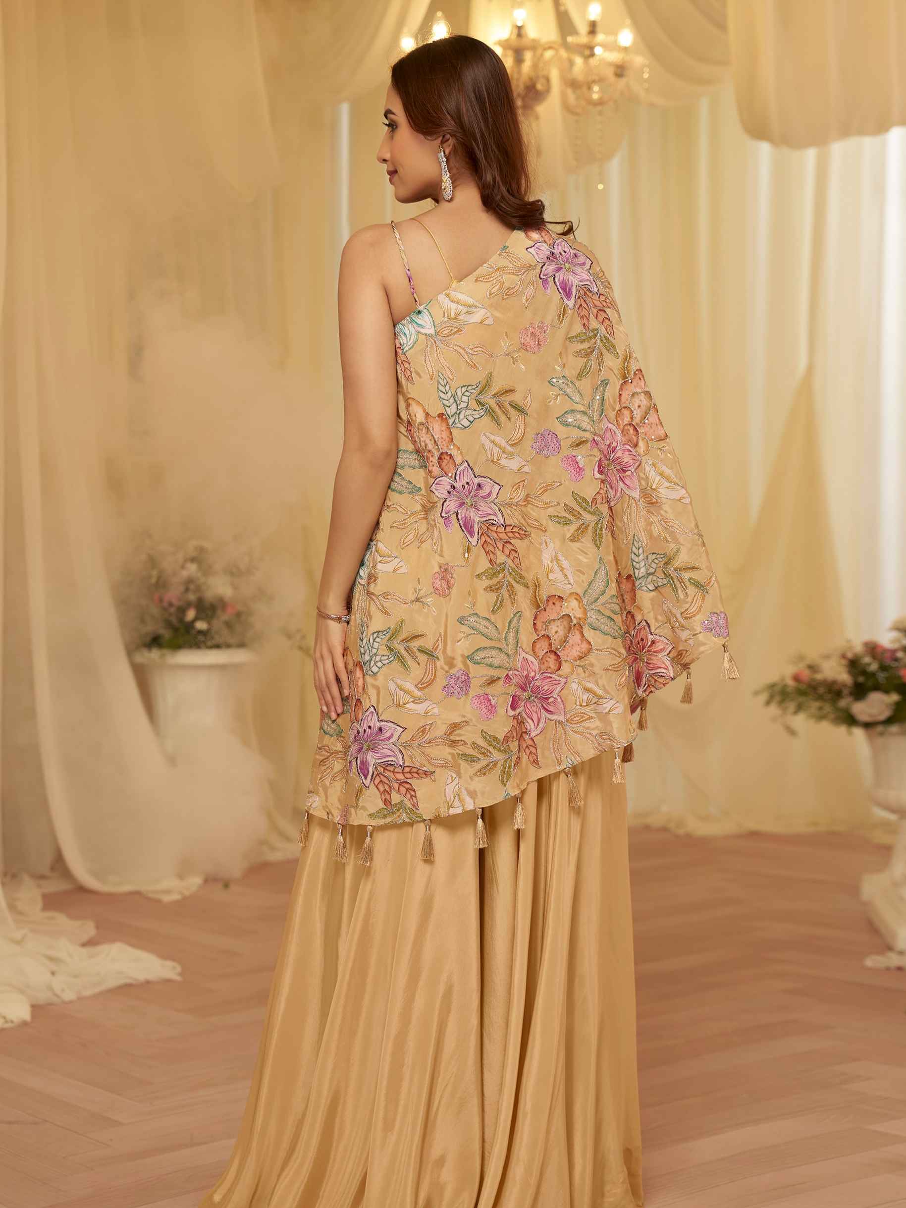 Beige Floral Embroidered Kaftan Palazzo Set in Premium Viscose Crepe