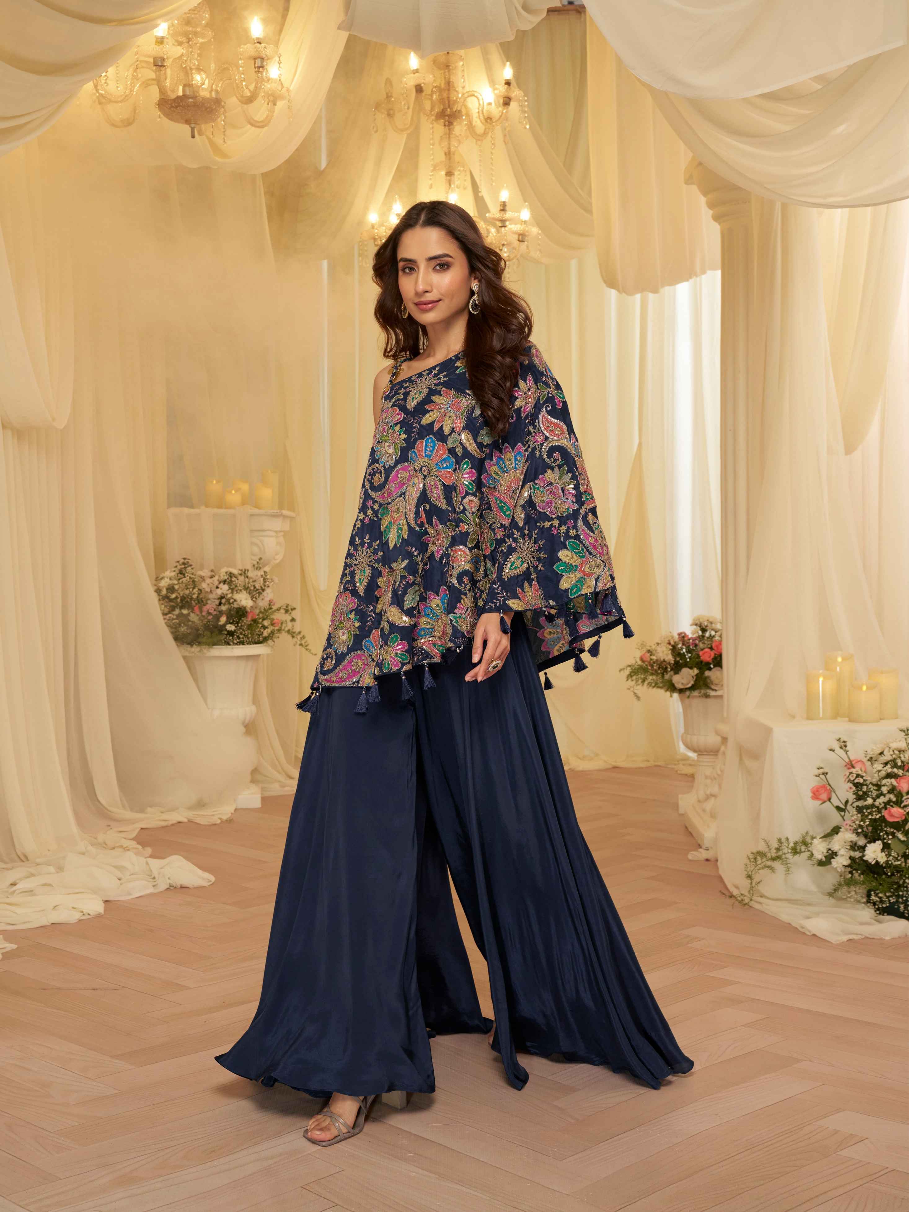 Navy Blue Embroidered Kaftan Palazzo Suit in Premium Viscose Crepe