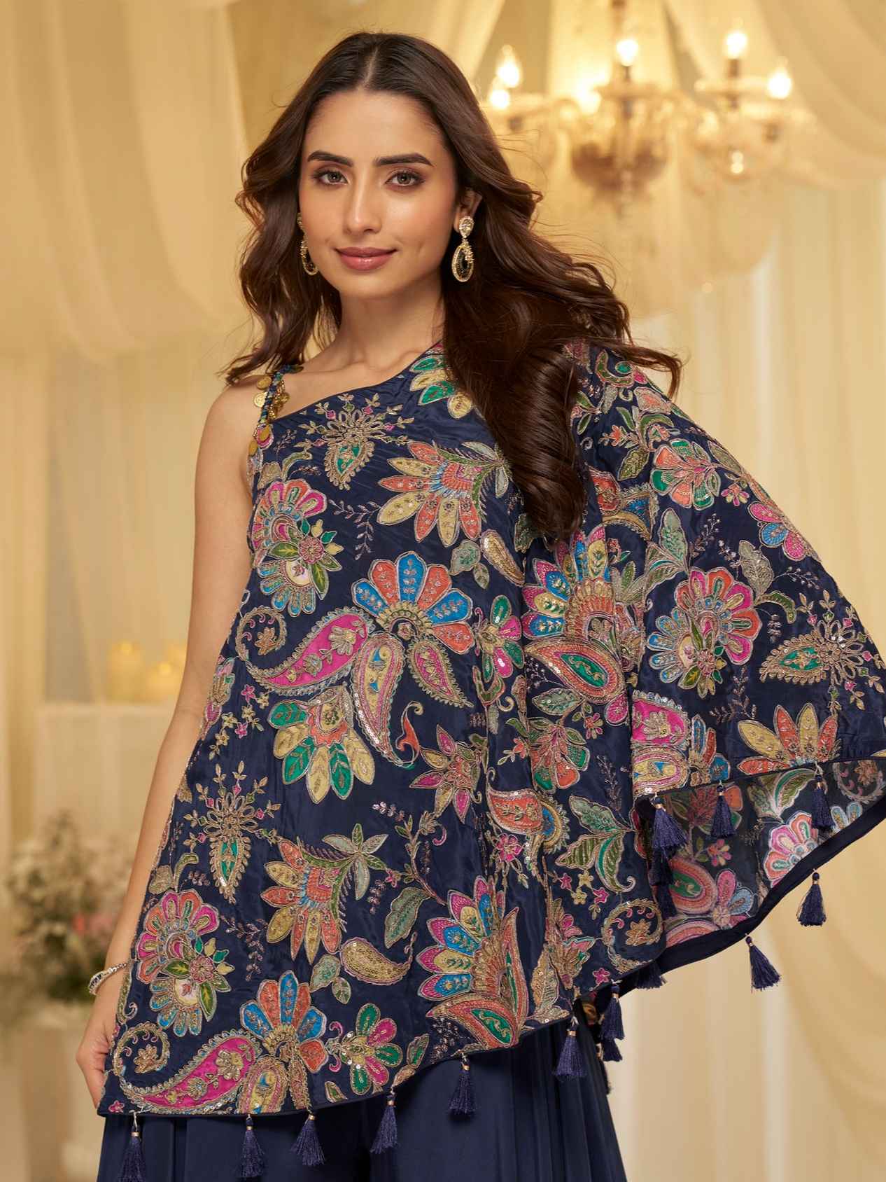 Navy Blue Embroidered Kaftan Palazzo Suit in Premium Viscose Crepe