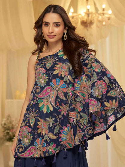 Navy Blue Embroidered Kaftan Palazzo Suit in Premium Viscose Crepe