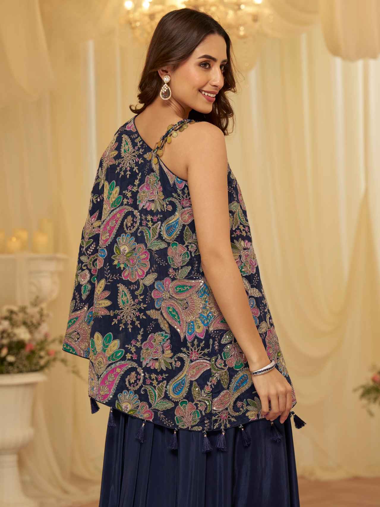 Navy Blue Embroidered Kaftan Palazzo Suit in Premium Viscose Crepe