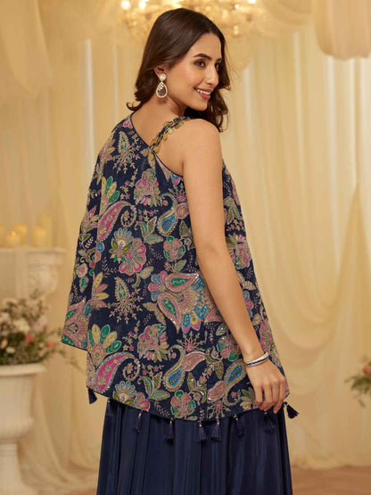 Navy Blue Embroidered Kaftan Palazzo Suit in Premium Viscose Crepe