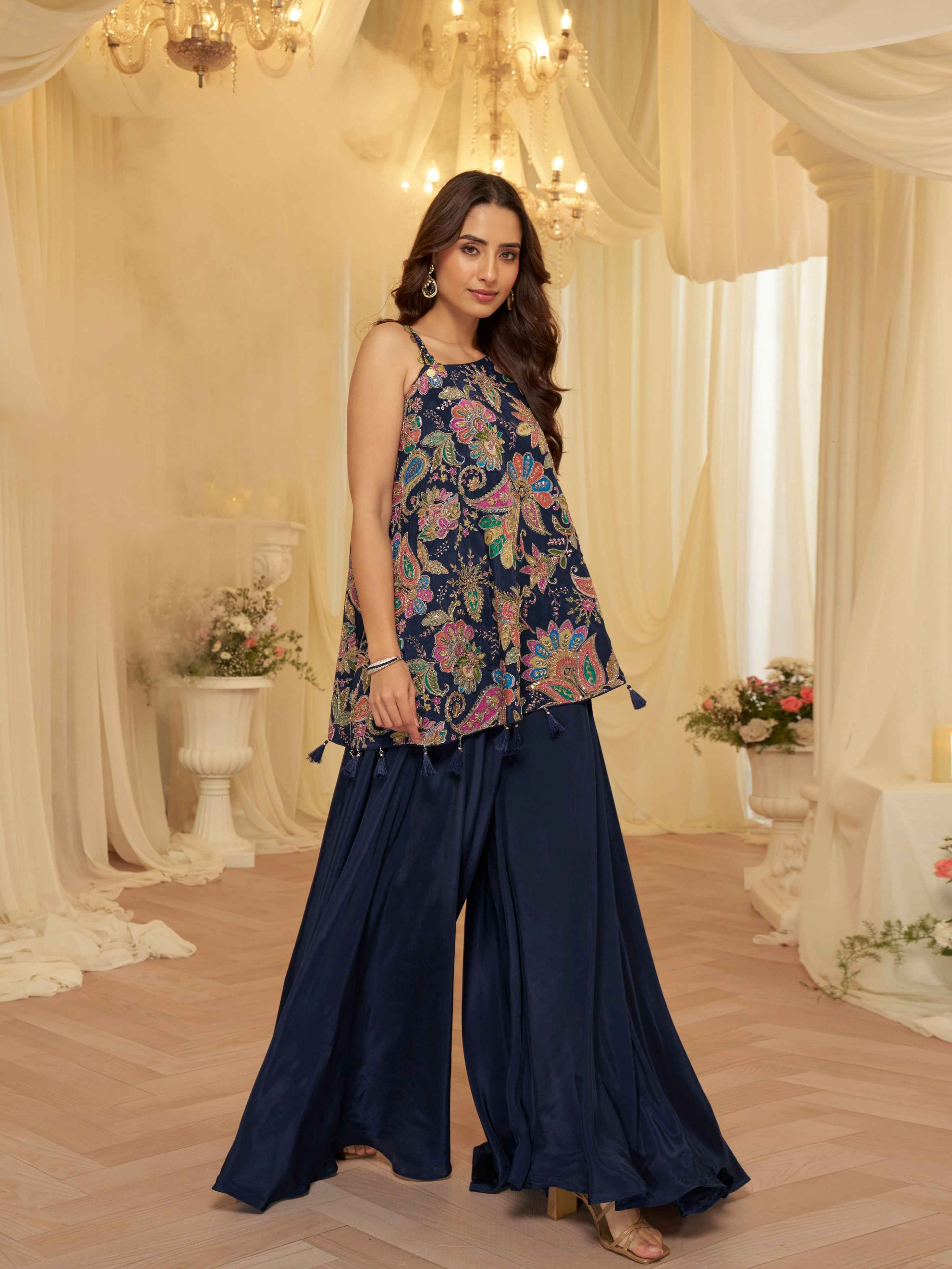 Navy Blue Embroidered Kaftan Palazzo Suit in Premium Viscose Crepe