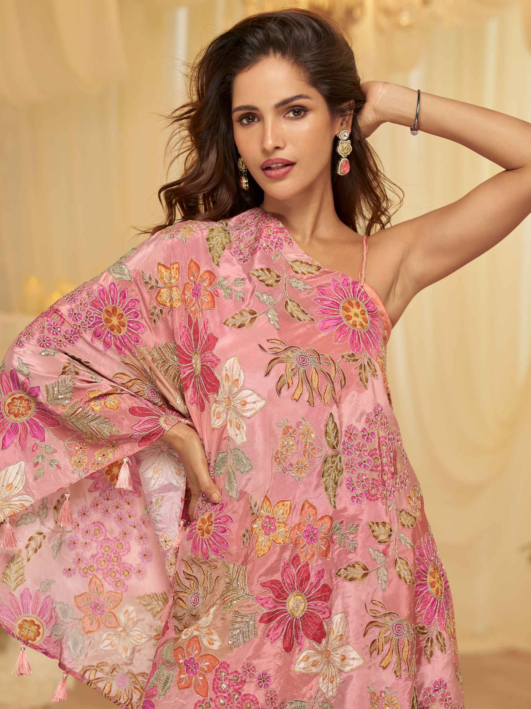Pink Embroidered Poncho Palazzo Suit
