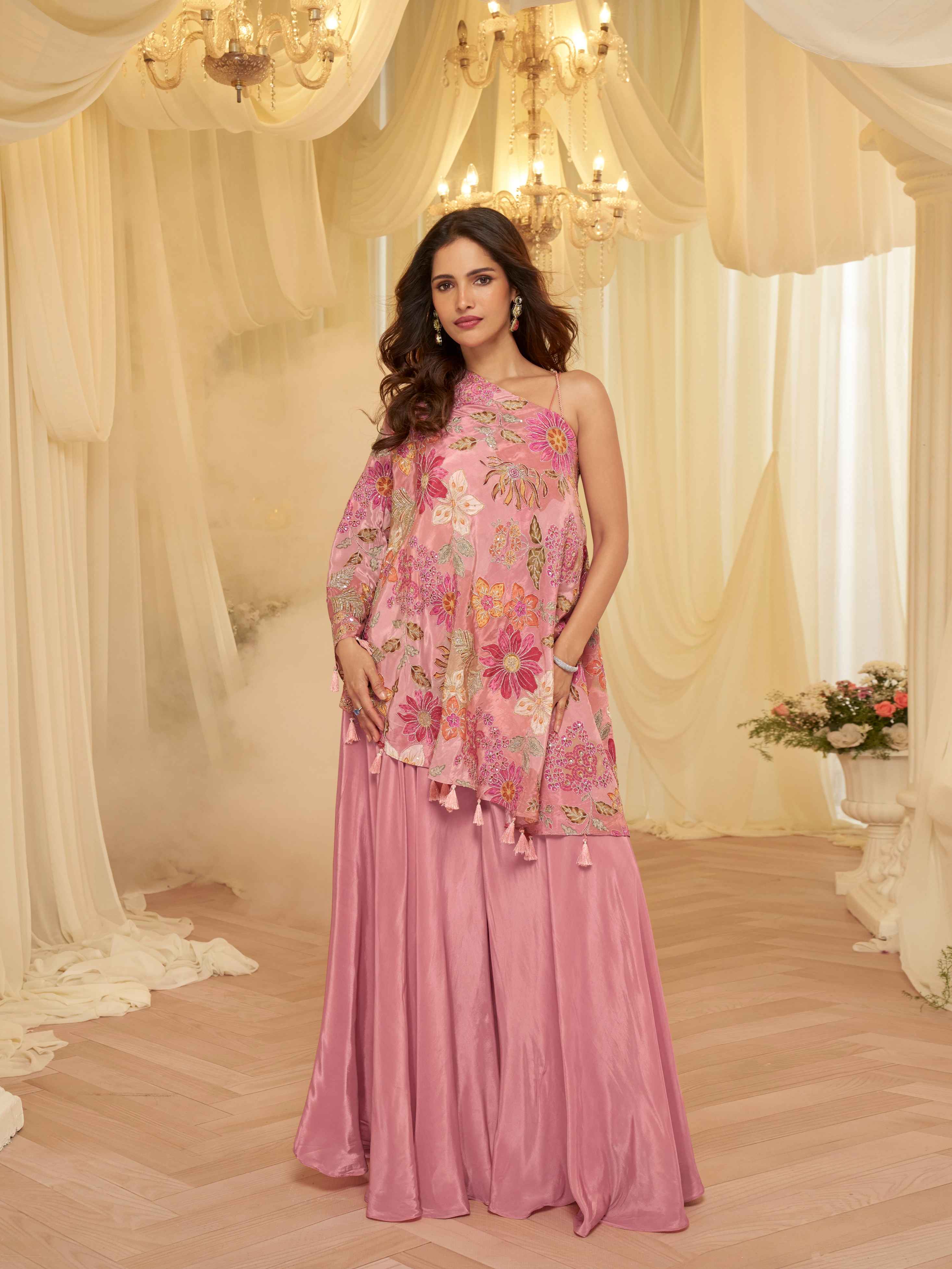 Pink Embroidered Poncho Palazzo Suit