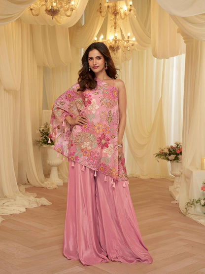 Pink Embroidered Poncho Palazzo Suit