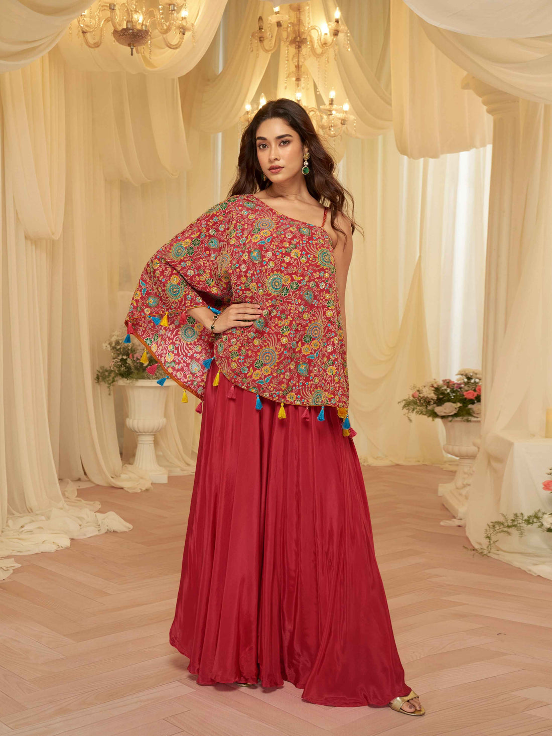 Red Embroidered Poncho Style Palazzo Suit in Premium Viscose Crepe