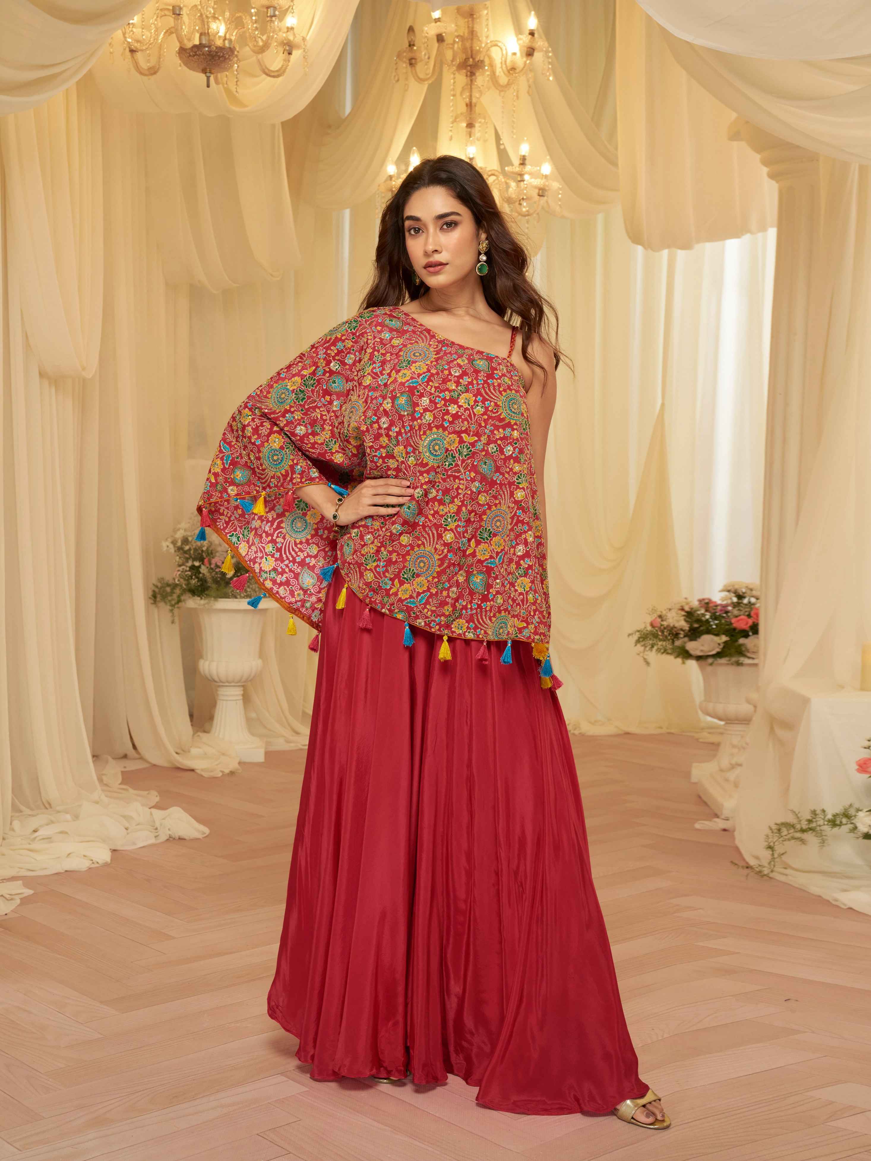 Red Embroidered Poncho Style Palazzo Suit in Premium Viscose Crepe