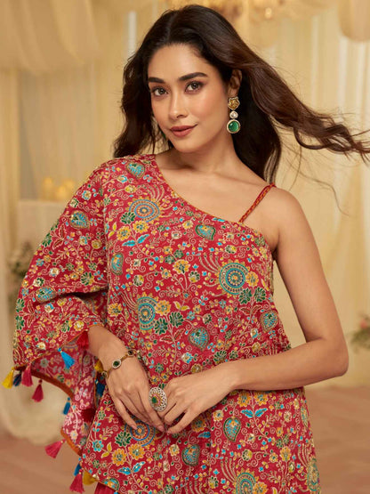 Red Embroidered Poncho Style Palazzo Suit in Premium Viscose Crepe