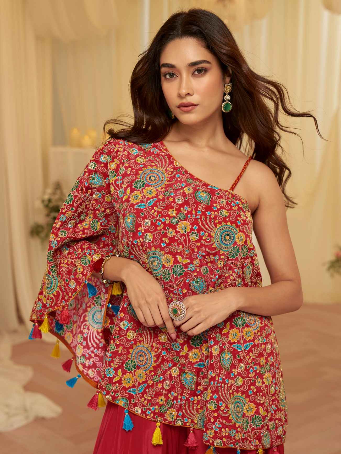 Red Embroidered Poncho Style Palazzo Suit in Premium Viscose Crepe