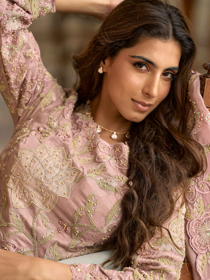 Blush Pink Simar Silk Embroidered Palazzo Suit Set with Dupatta