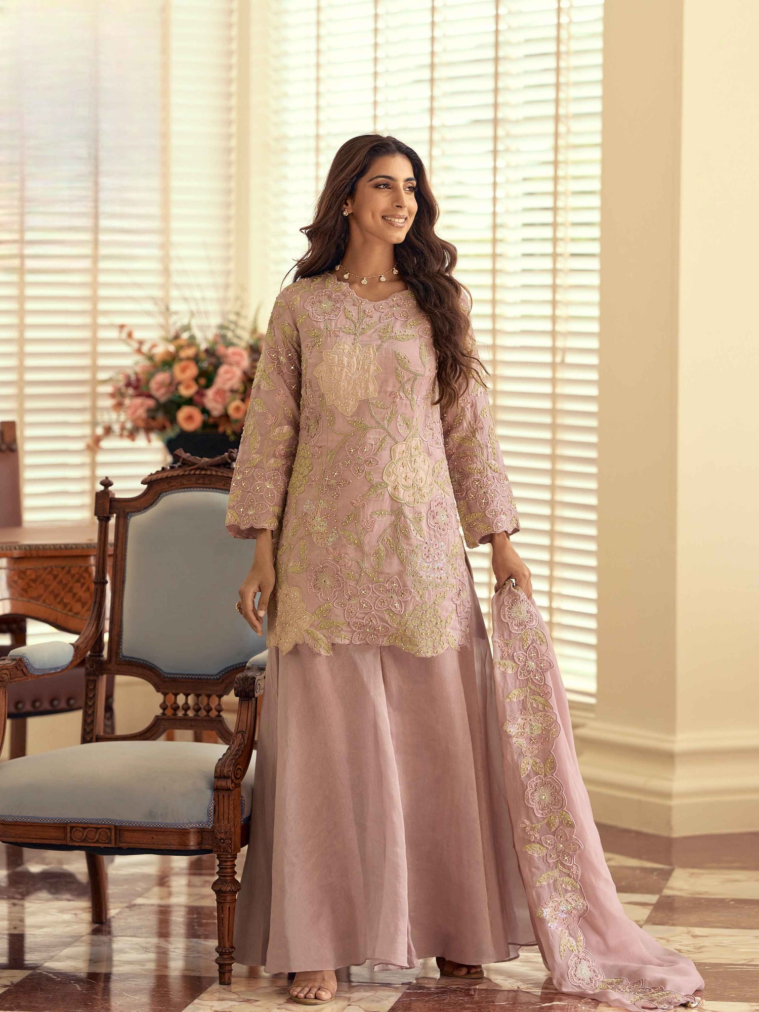 Blush Pink Simar Silk Embroidered Palazzo Suit Set with Dupatta
