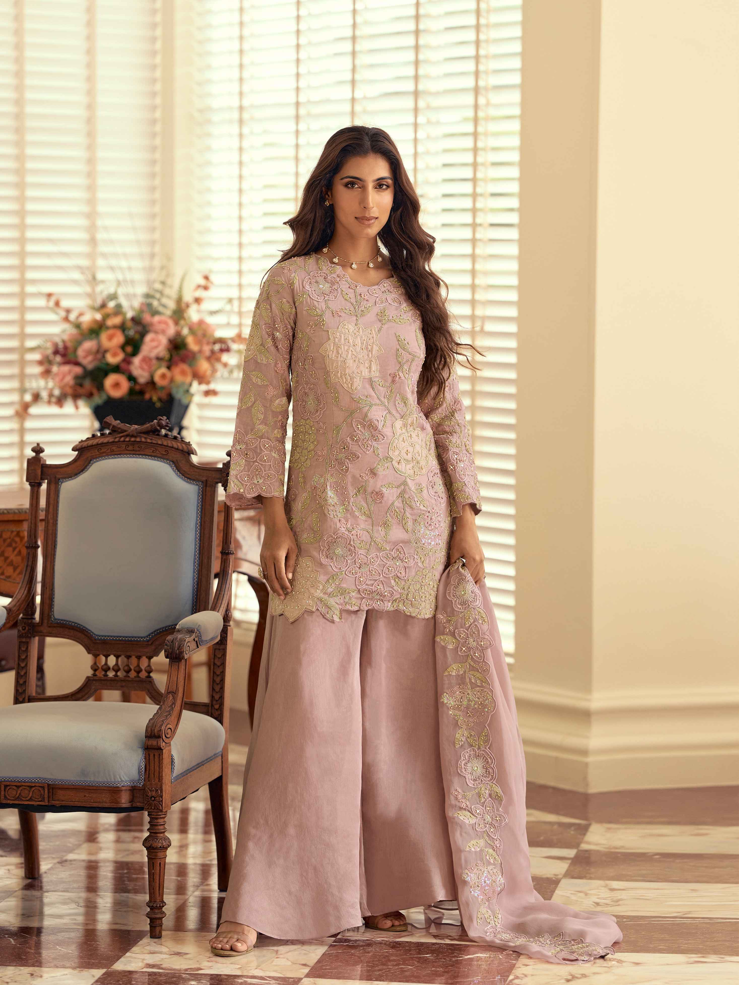 Blush Pink Simar Silk Embroidered Palazzo Suit Set with Dupatta