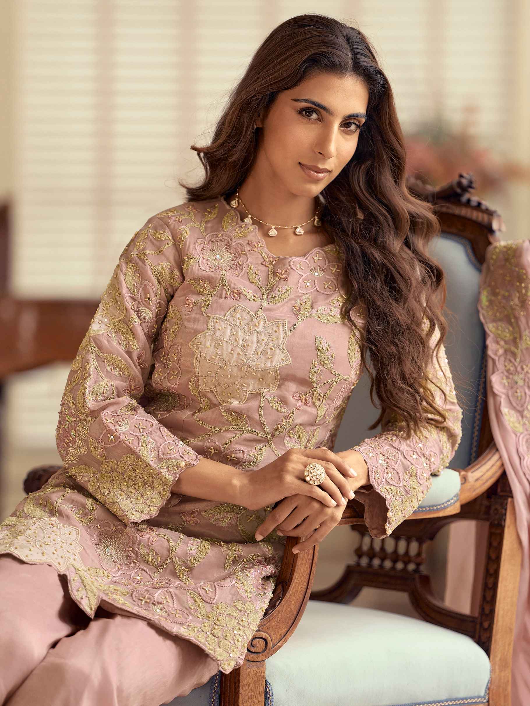 Blush Pink Simar Silk Embroidered Palazzo Suit Set with Dupatta