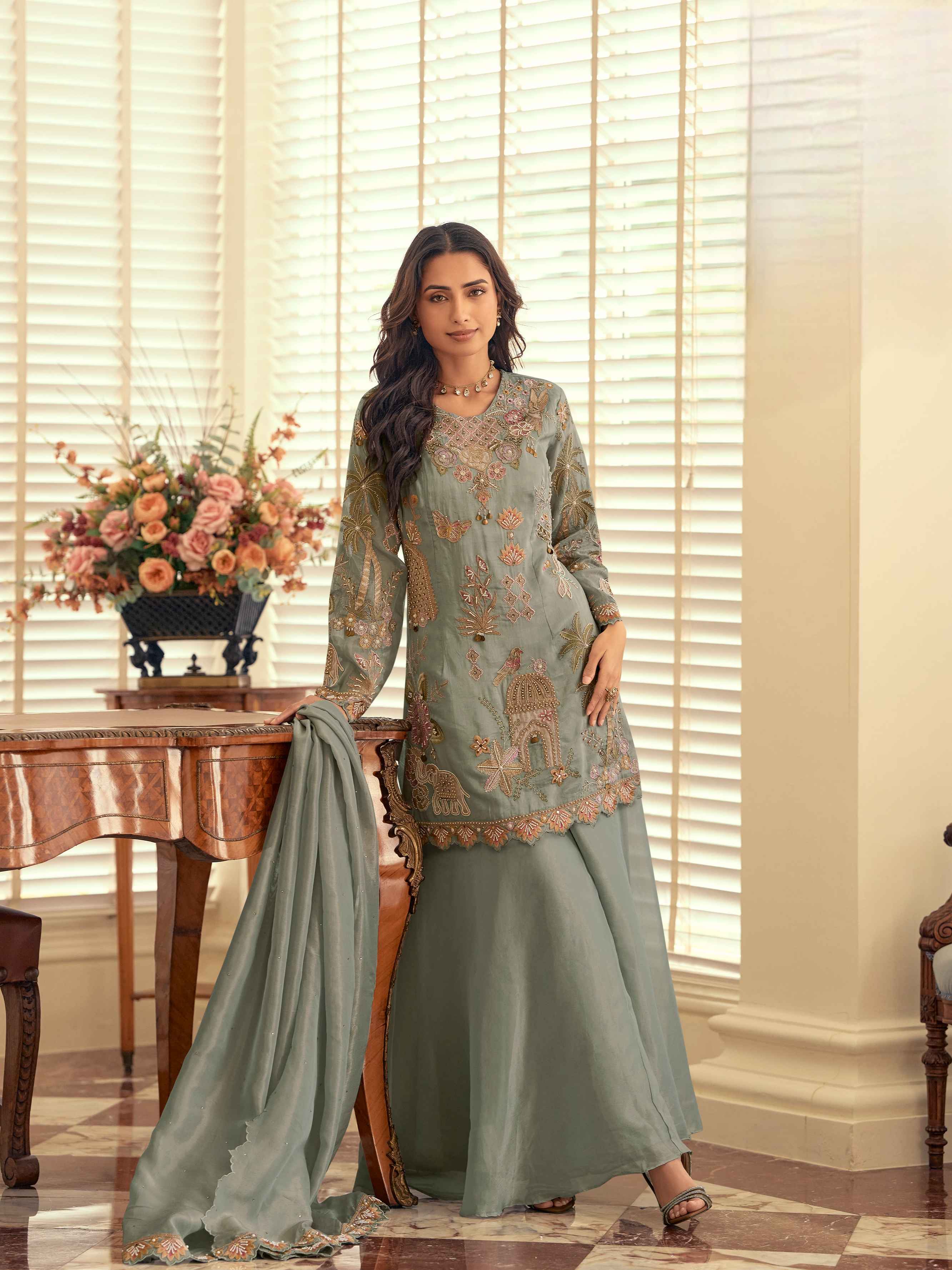 Sage Green Simar Silk Hand Embroidered Kurta Palazzo Set